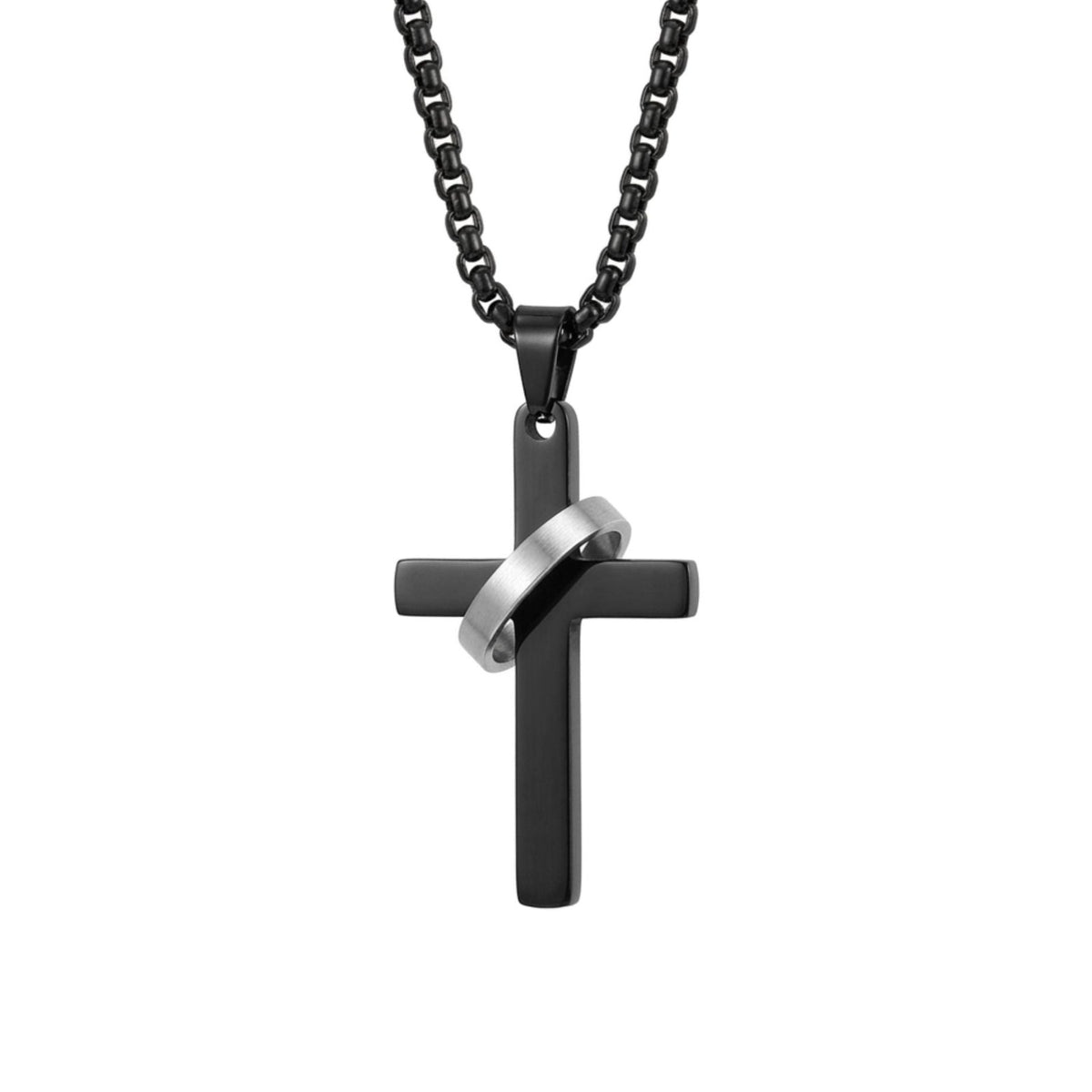 Collier pendentif croix avec anneau pour homme, en acier inoxydable noir, style moderne