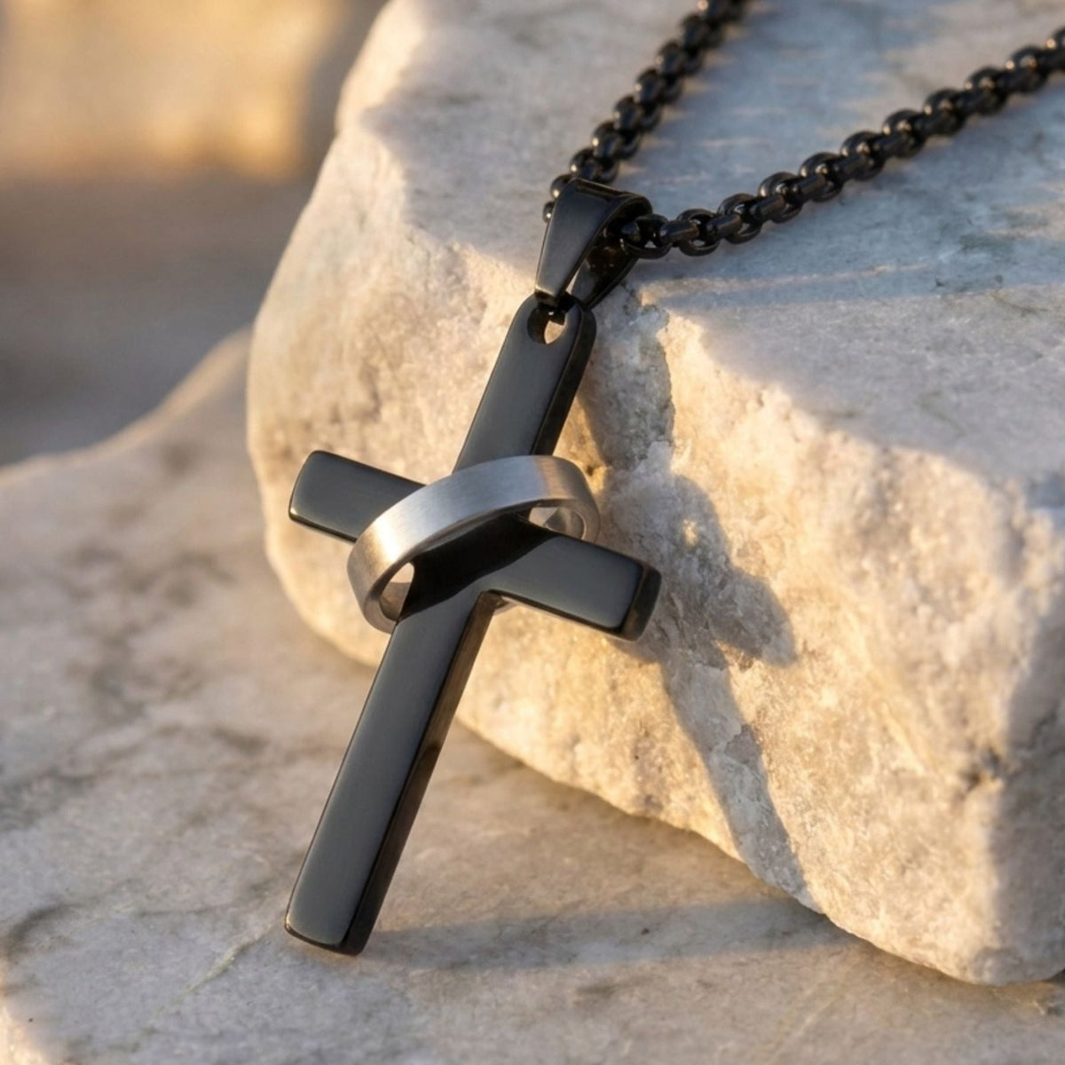 Collier pendentif croix avec anneau pour homme, en acier inoxydable noir, style moderne