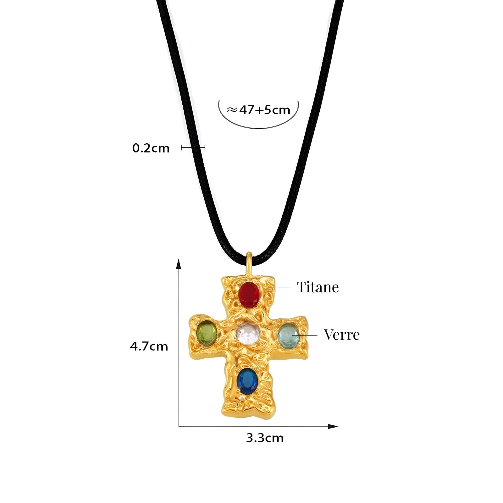Collier pendentif croix baroque, en acier titane doré, pierres en verre multicolores, modèle Armanis