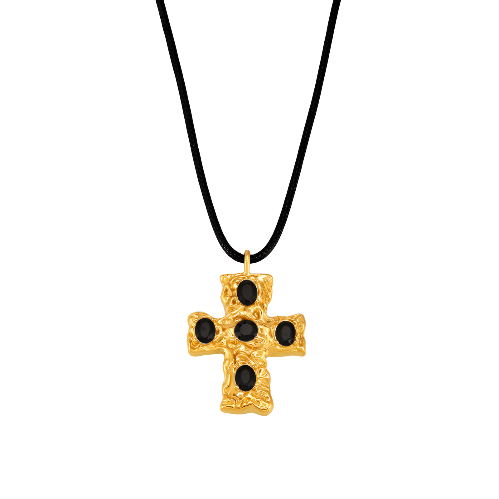 Collier pendentif croix baroque, en acier titane doré, pierres en verre multicolores, modèle Armanis