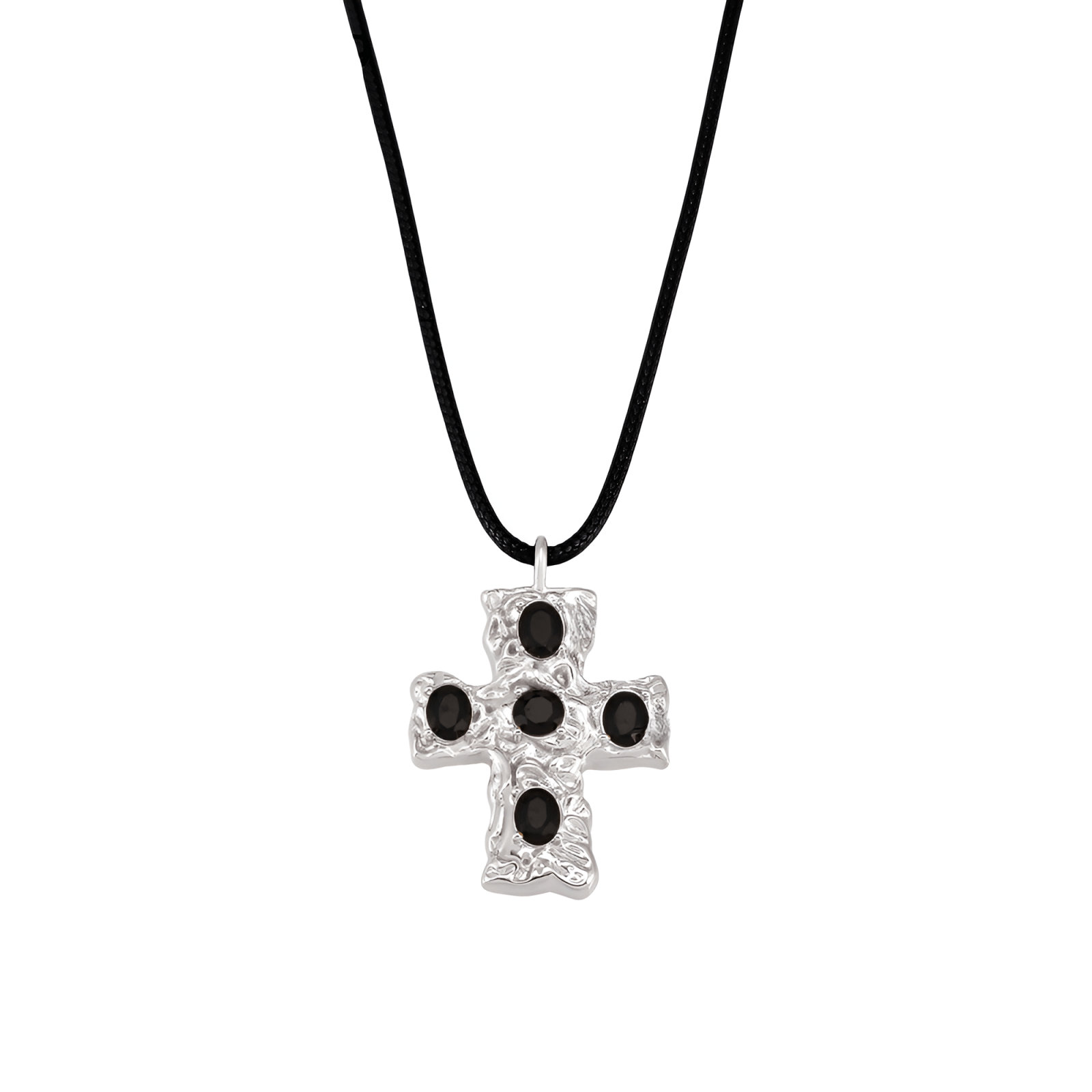 Collier pendentif croix baroque, en acier titane doré, pierres en verre multicolores, modèle Armanis