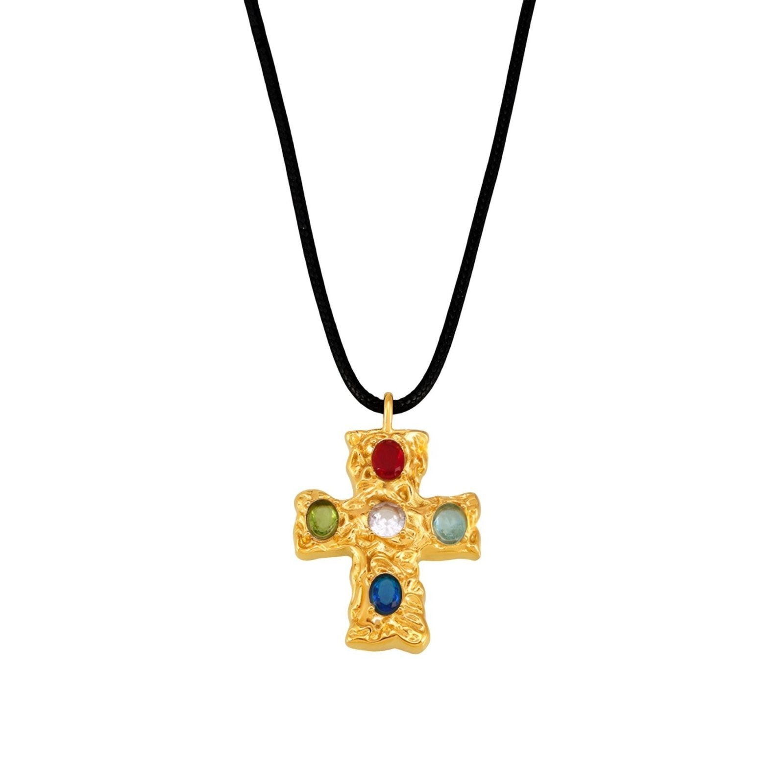 Collier pendentif croix baroque, en acier titane doré, pierres en verre multicolores, modèle Armanis