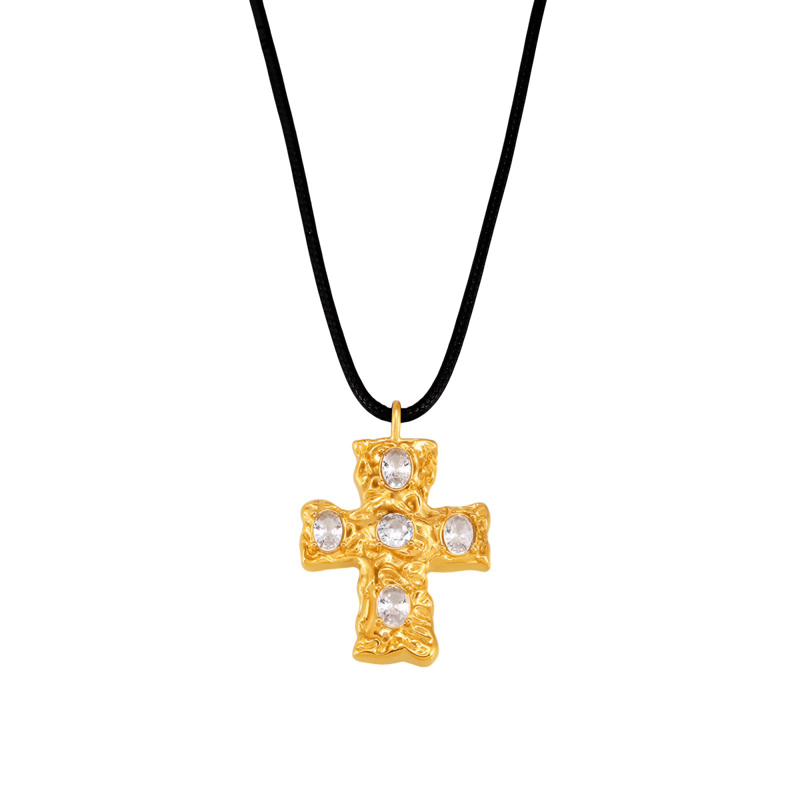 Collier pendentif croix baroque, en acier titane doré, pierres en verre multicolores, modèle Armanis