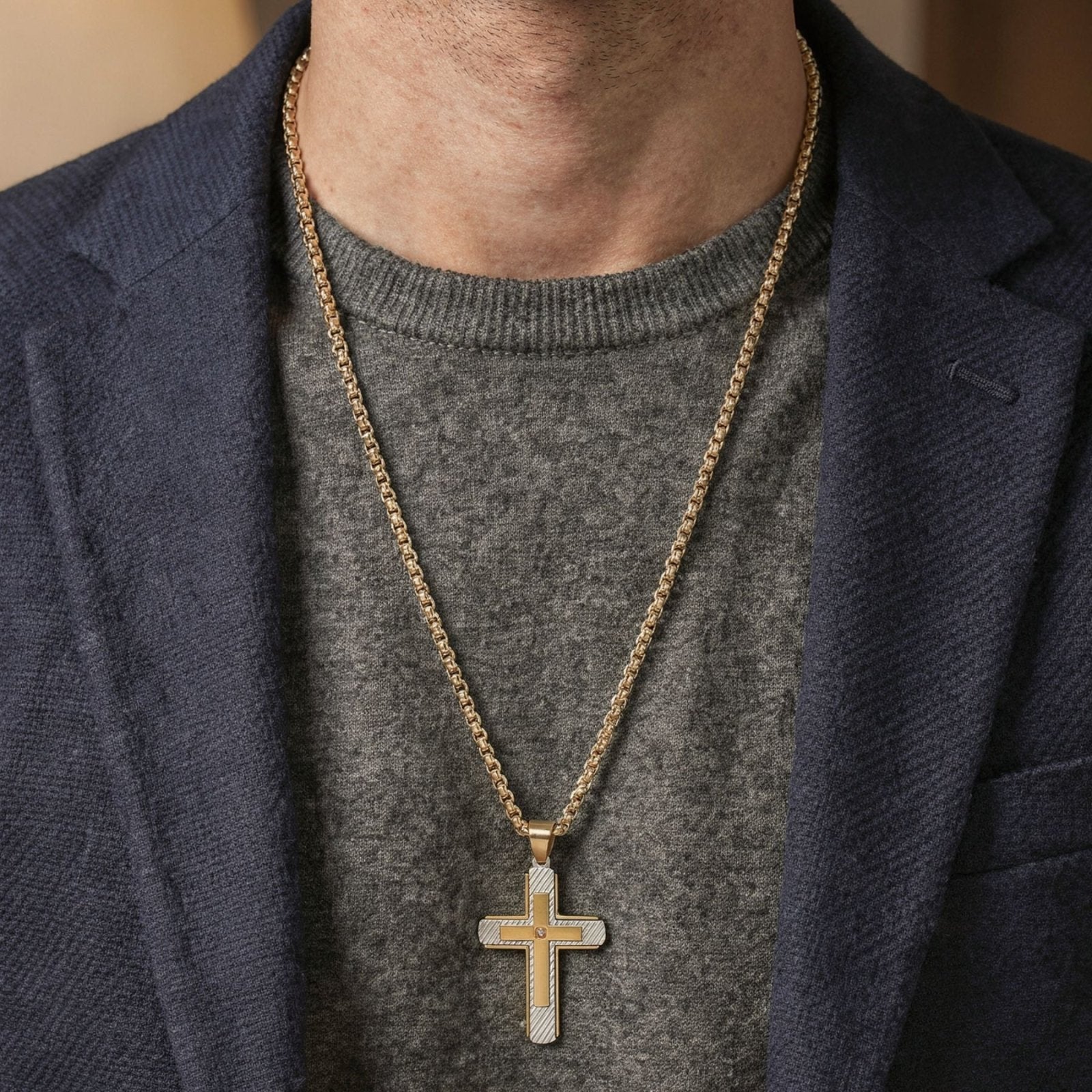 Collier pendentif croix brossée, zircon central, pour homme, style moderne en acier