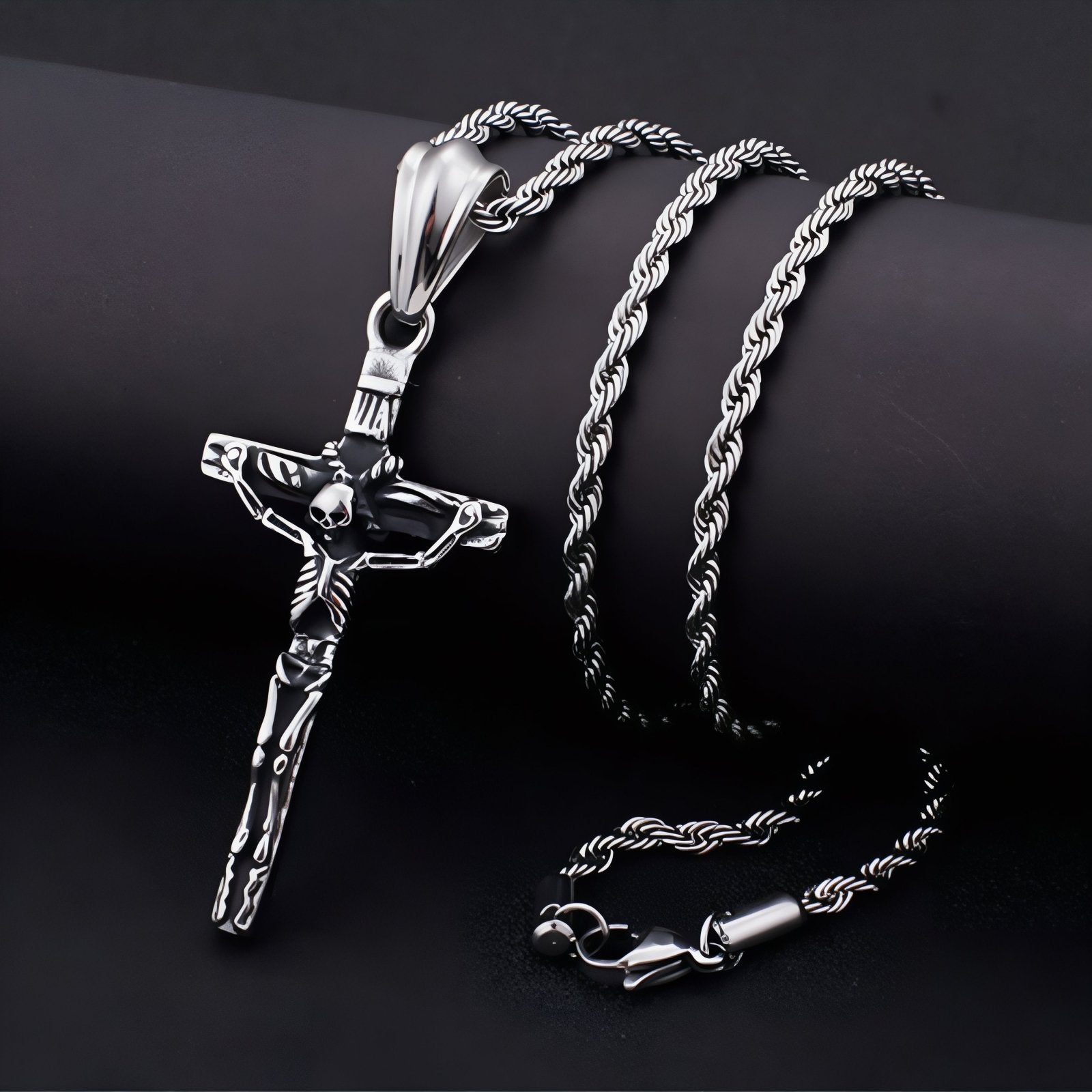 Collier pendentif croix, crucifix avec squelette pour homme, en acier inoxydable