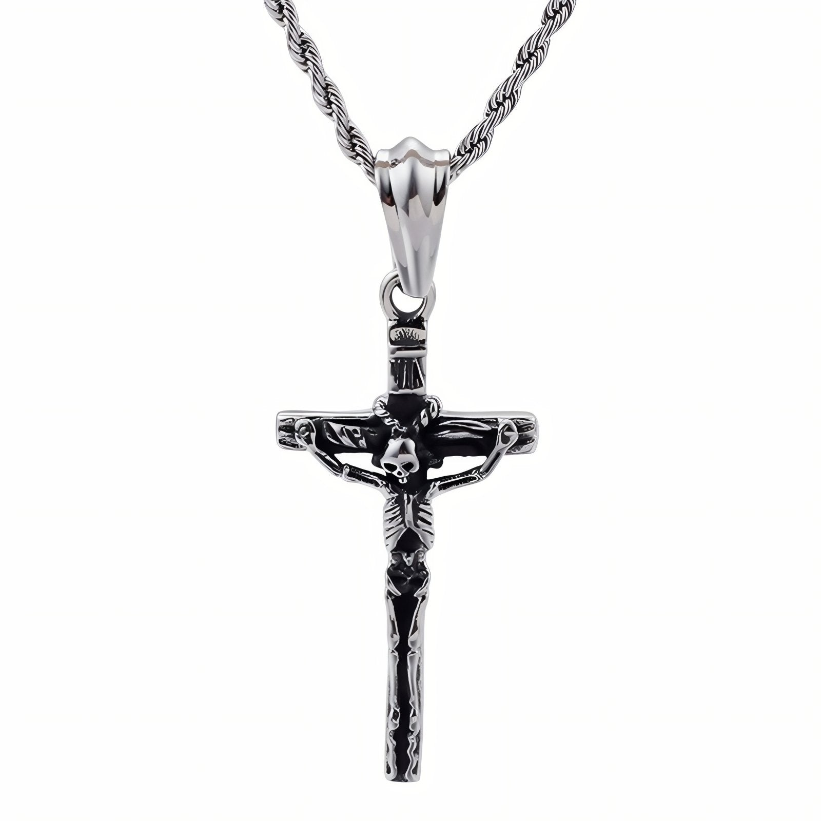 Collier pendentif croix, crucifix avec squelette pour homme, en acier inoxydable