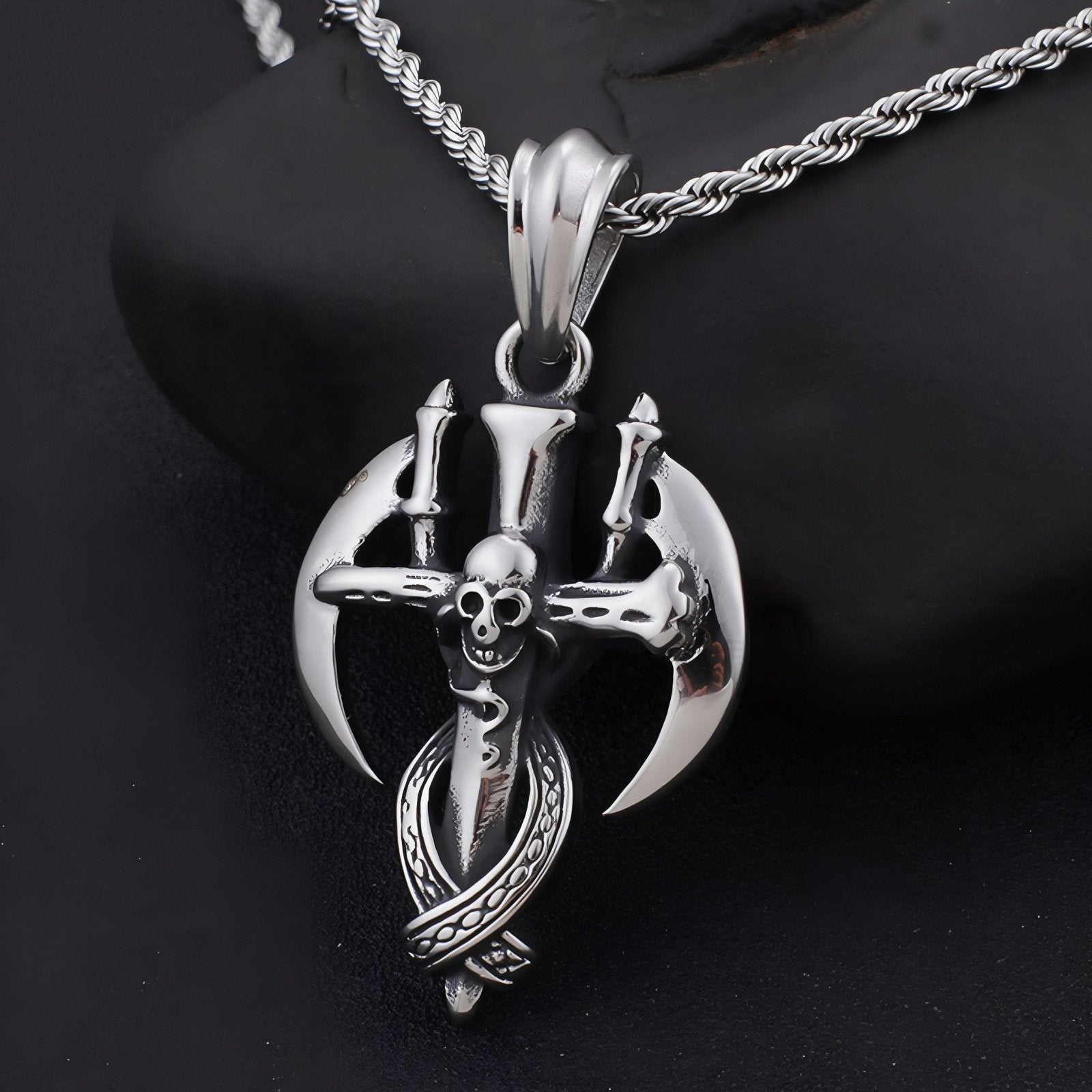Collier pendentif croix et tête de mort pour homme, en acier inoxydable, style gothique