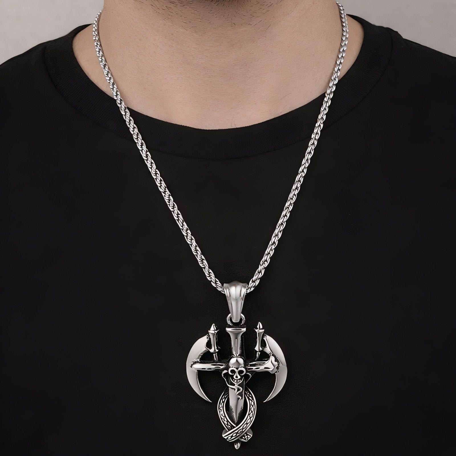 Collier pendentif croix et tête de mort pour homme, en acier inoxydable, style gothique