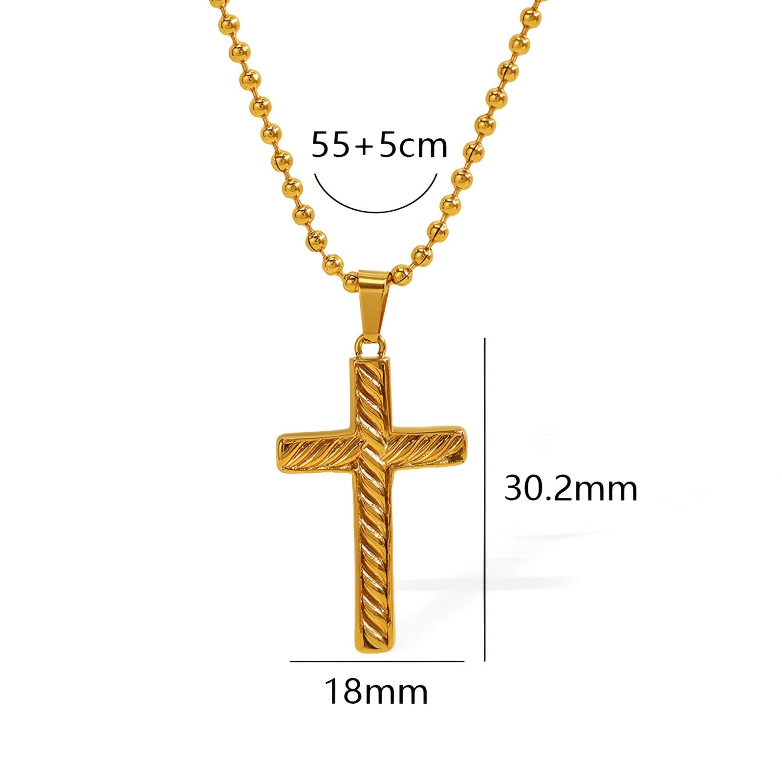 Collier pendentif croix gravée, en titane doré, chaîne fine à boules, modèle Romina