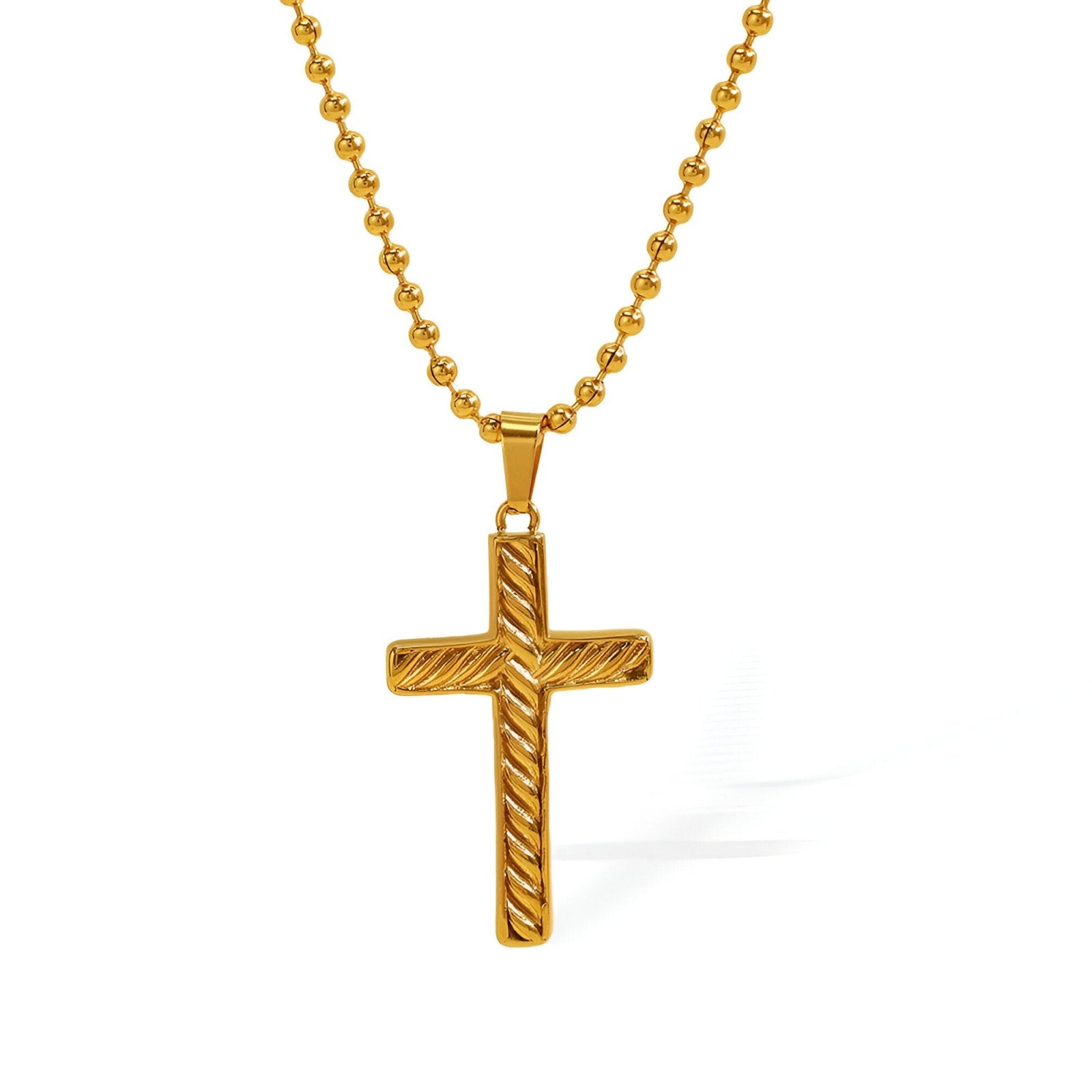Collier pendentif croix gravée, en titane doré, chaîne fine à boules, modèle Romina
