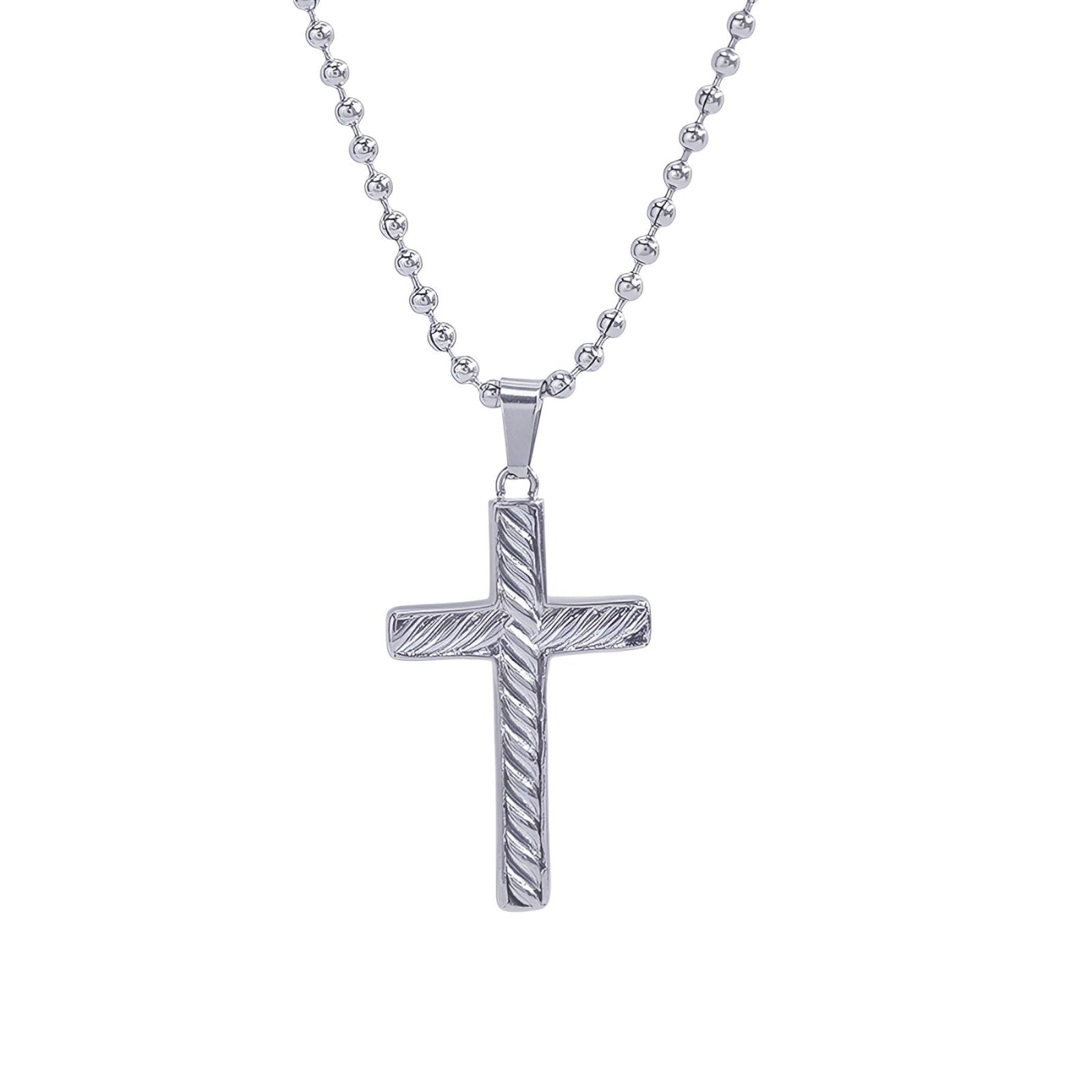 Collier pendentif croix gravée, en titane doré, chaîne fine à boules, modèle Romina