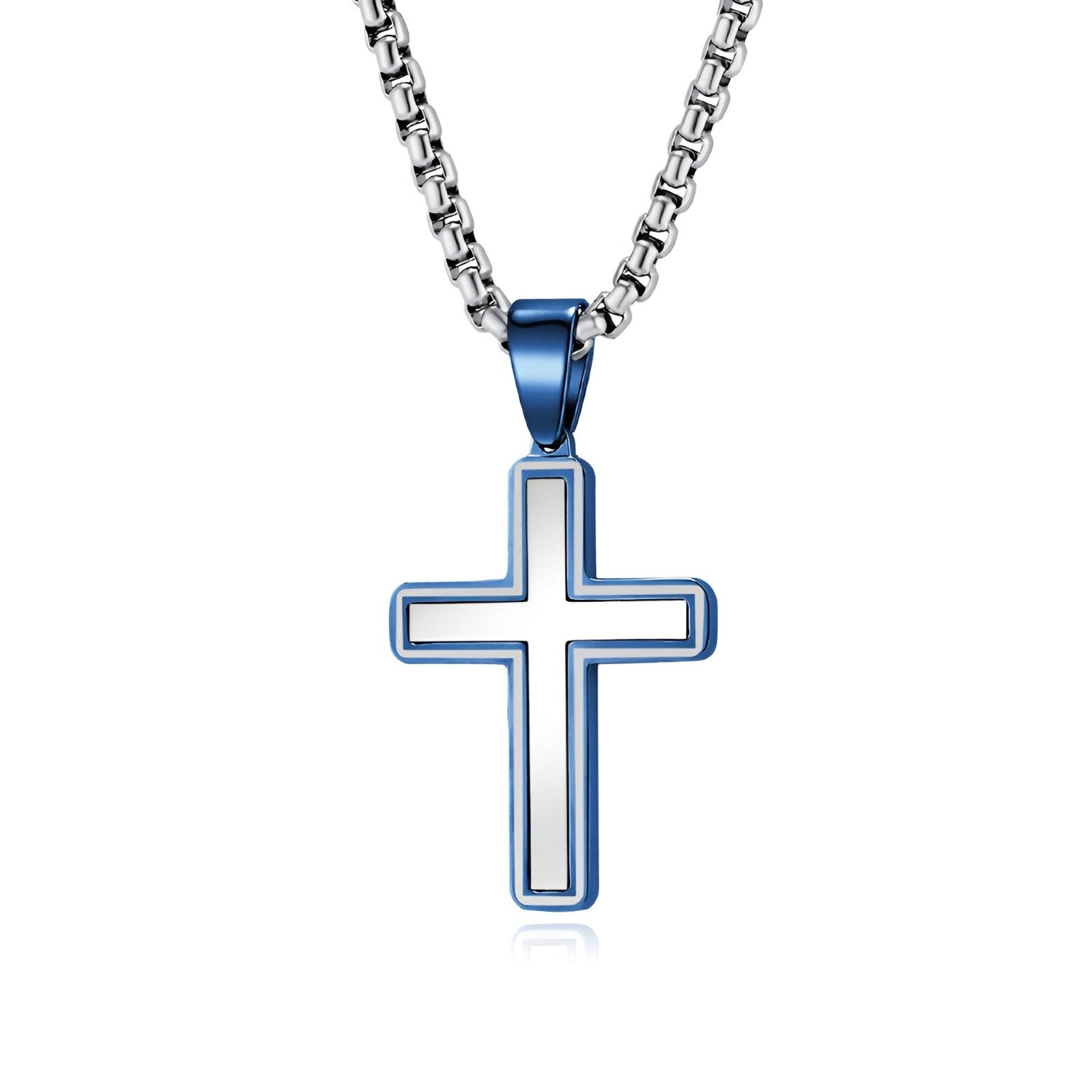 Collier pendentif croix homme, design épuré, acier inoxydable poli et chaîne vénitienne, modèle Shilo