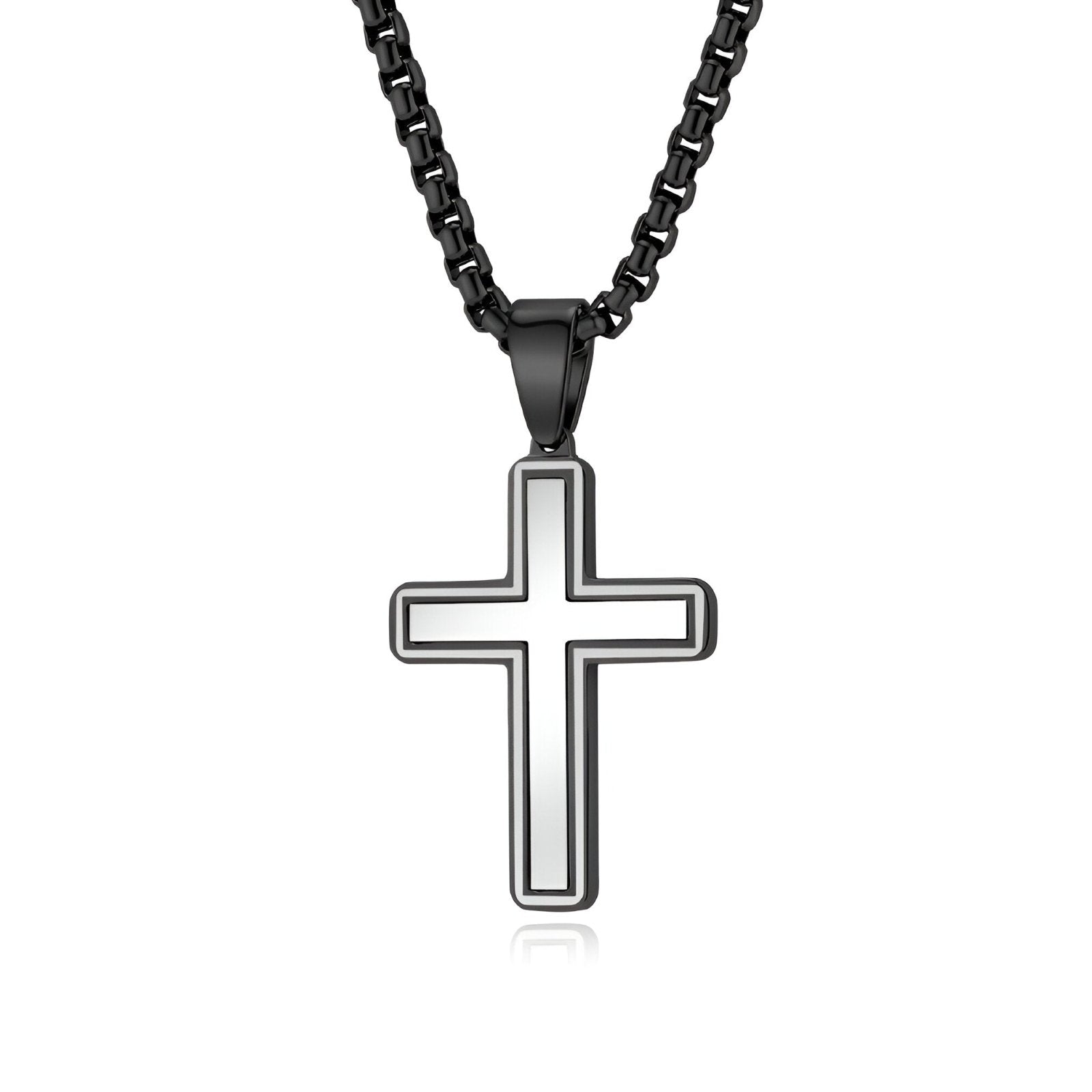 Collier pendentif croix homme, design épuré, acier inoxydable poli et chaîne vénitienne, modèle Shilo