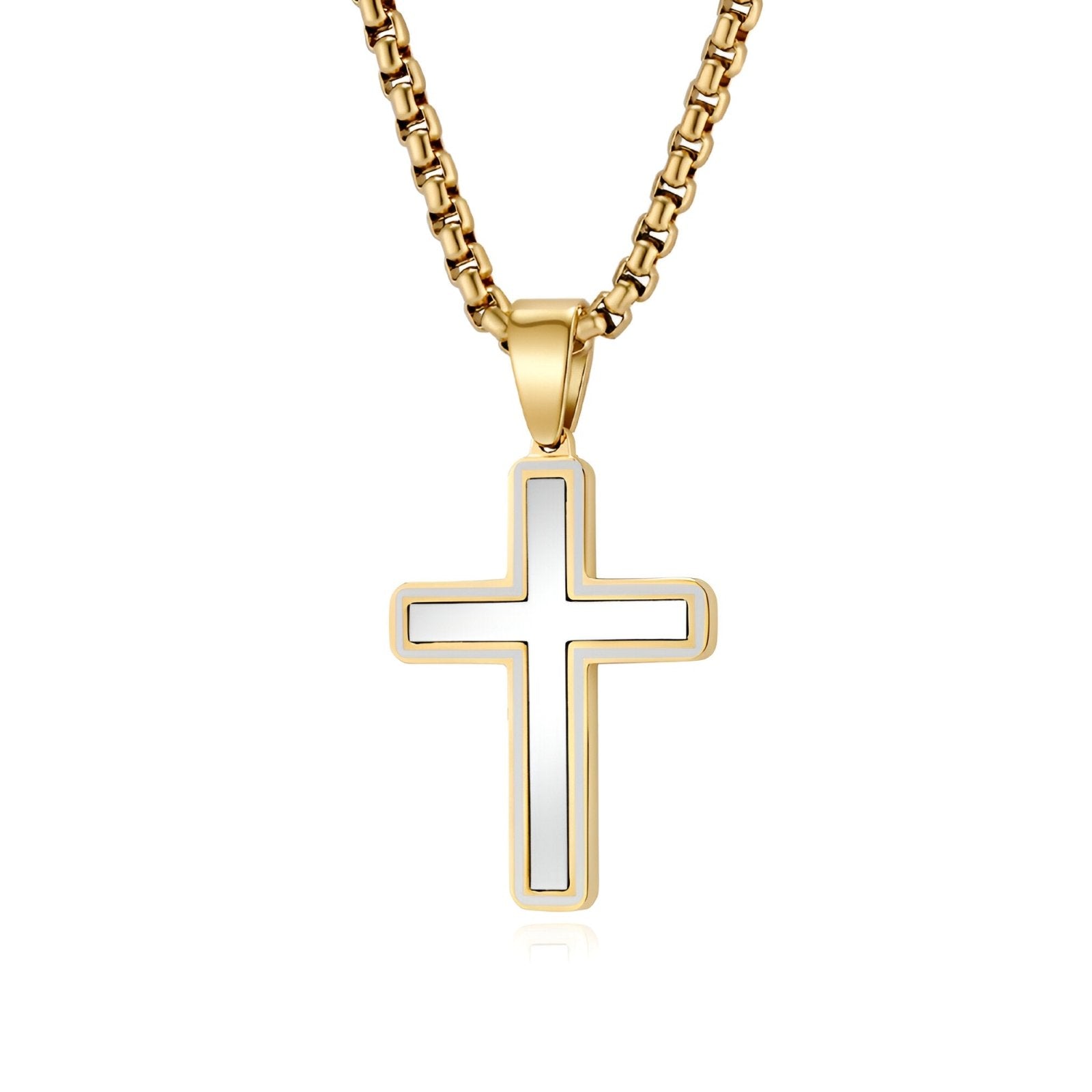 Collier pendentif croix homme, design épuré, acier inoxydable poli et chaîne vénitienne, modèle Shilo