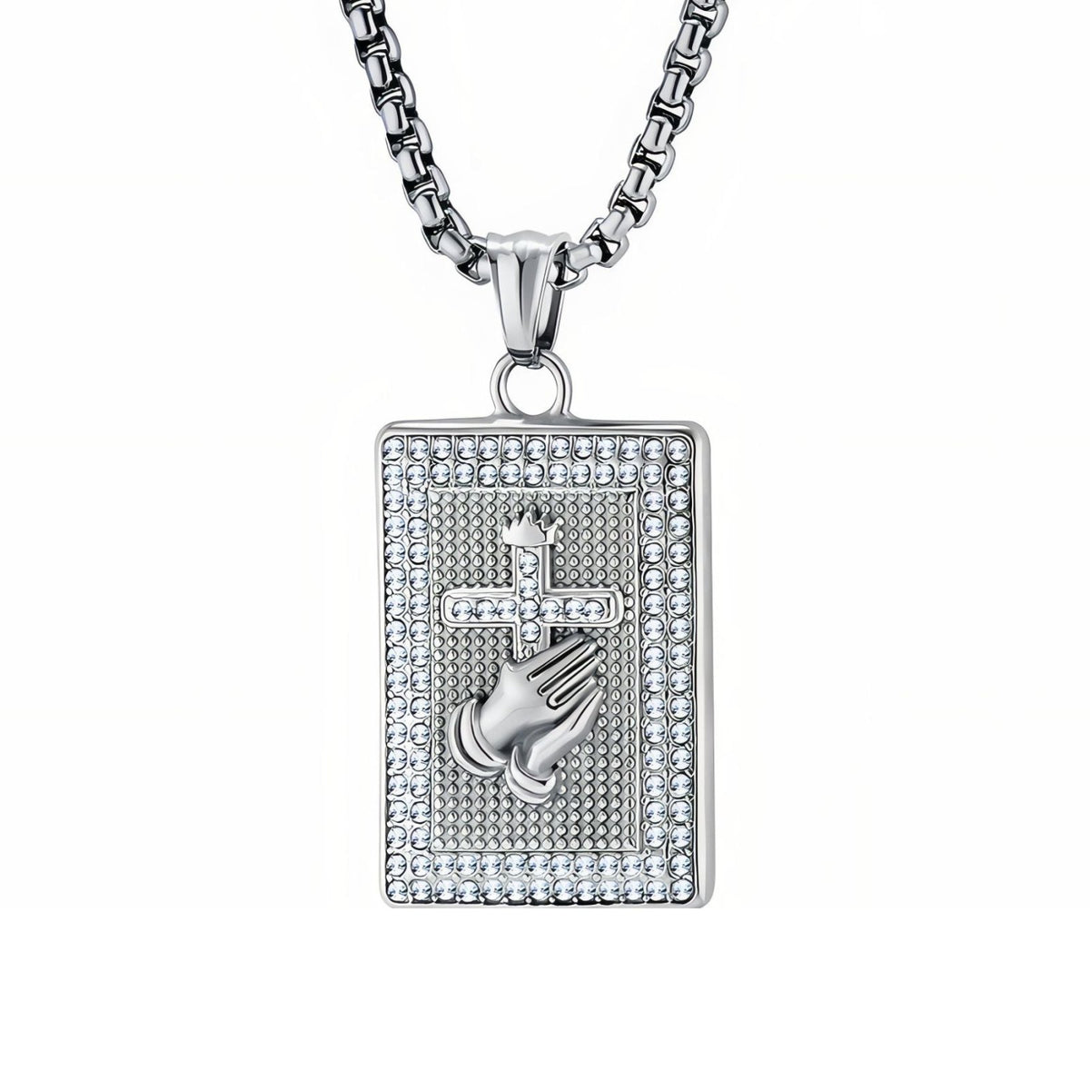 Collier pendentif croix mains en prière pour homme, en acier inoxydable, plaque rectangulaire ornée de cristaux scintillants