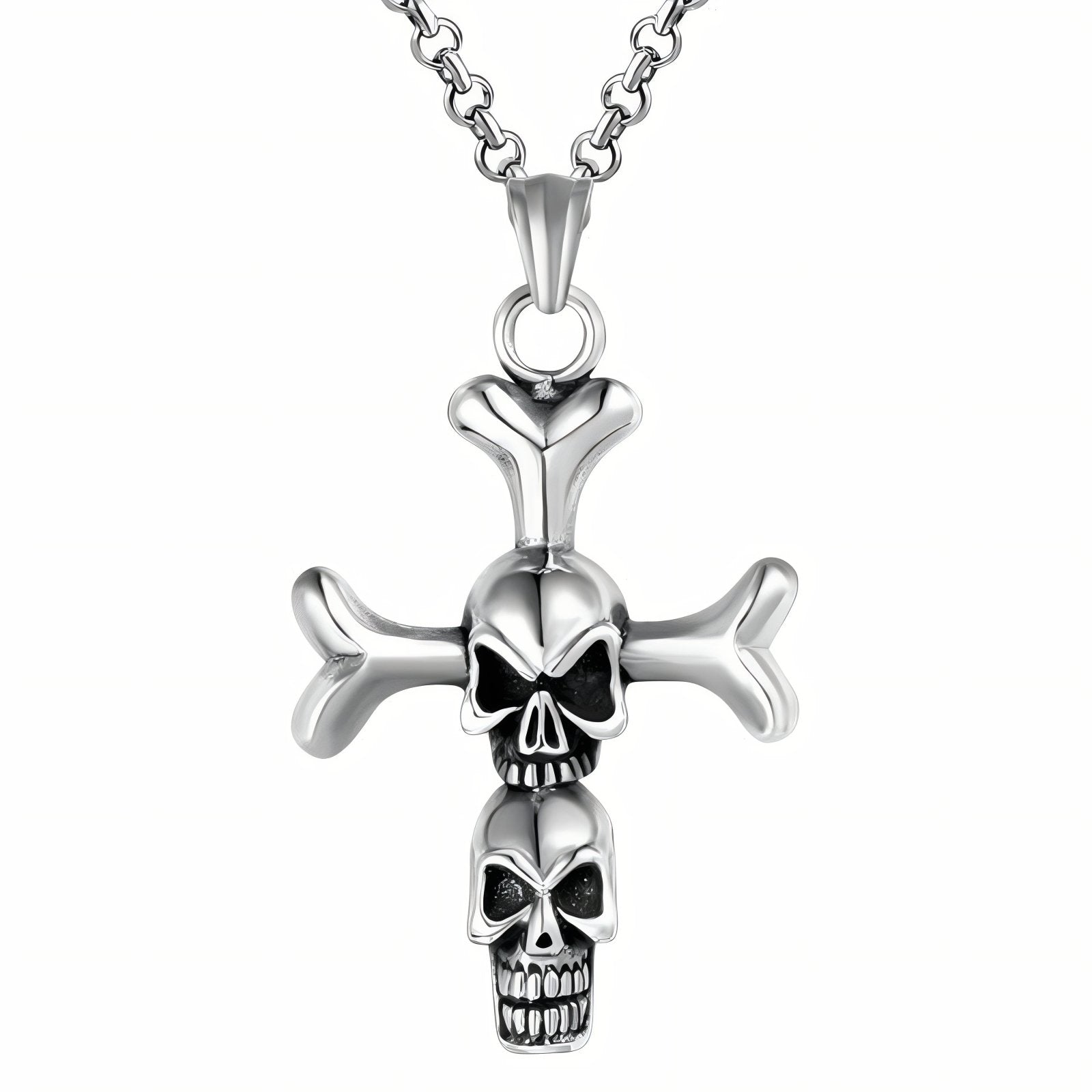 Collier pendentif croix pour homme, avec double têtes de mort superposées, en acier inoxydable
