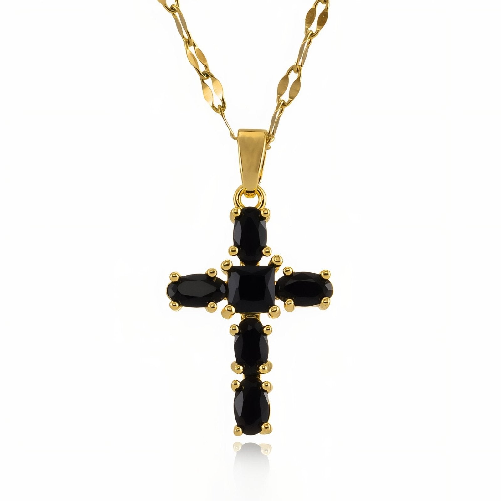 Collier pendentif croix strassée, acier inox doré, 3 coloris au choix, modèle Devana