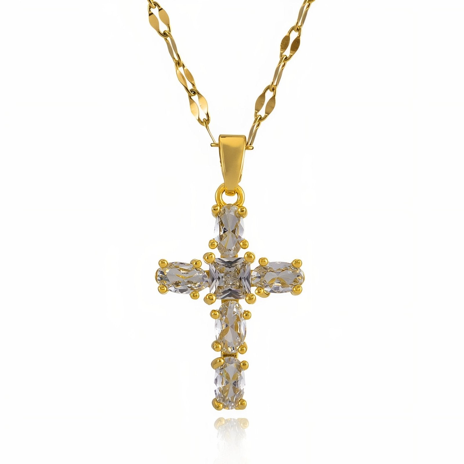 Collier pendentif croix strassée, acier inox doré, 3 coloris au choix, modèle Devana