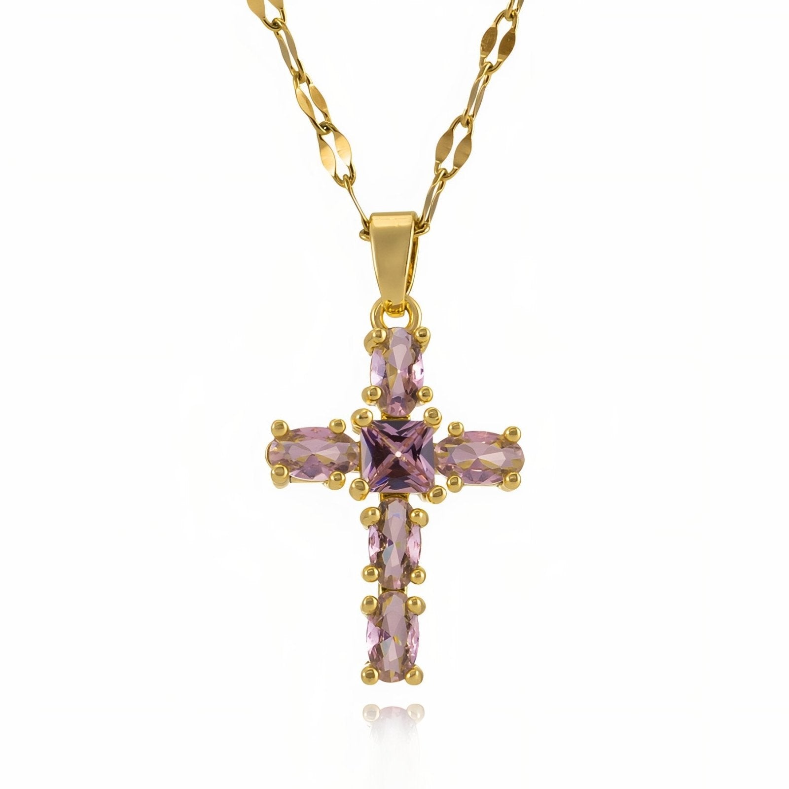 Collier pendentif croix strassée, acier inox doré, 3 coloris au choix, modèle Devana