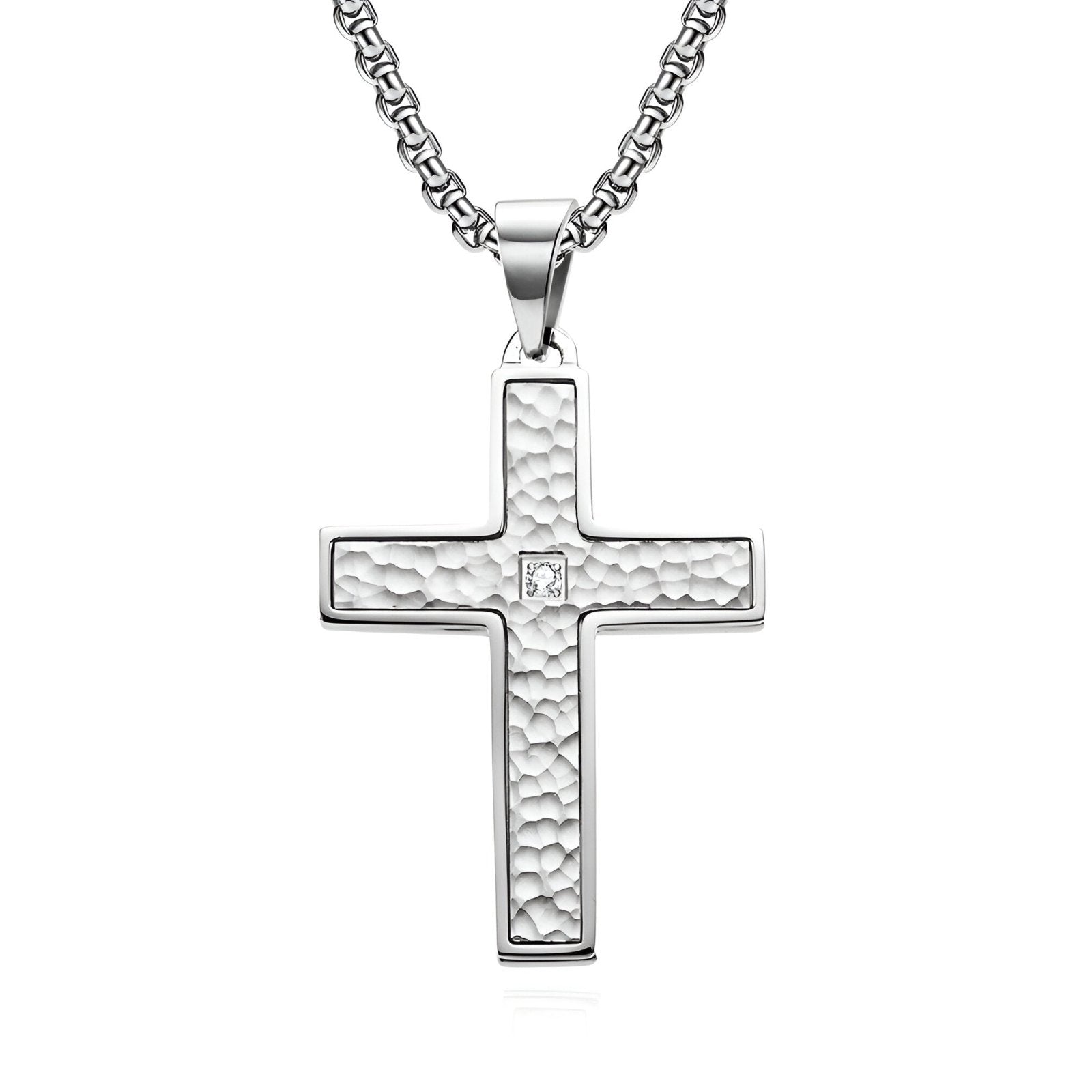 Collier pendentif croix texturée pour homme, acier inoxydable 316L, finition martelée et zircon, modèle Jules