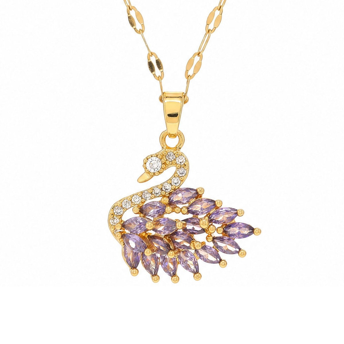 Collier pendentif cygne pour femme, en acier titane doré, avec pierres colorées en forme de plume