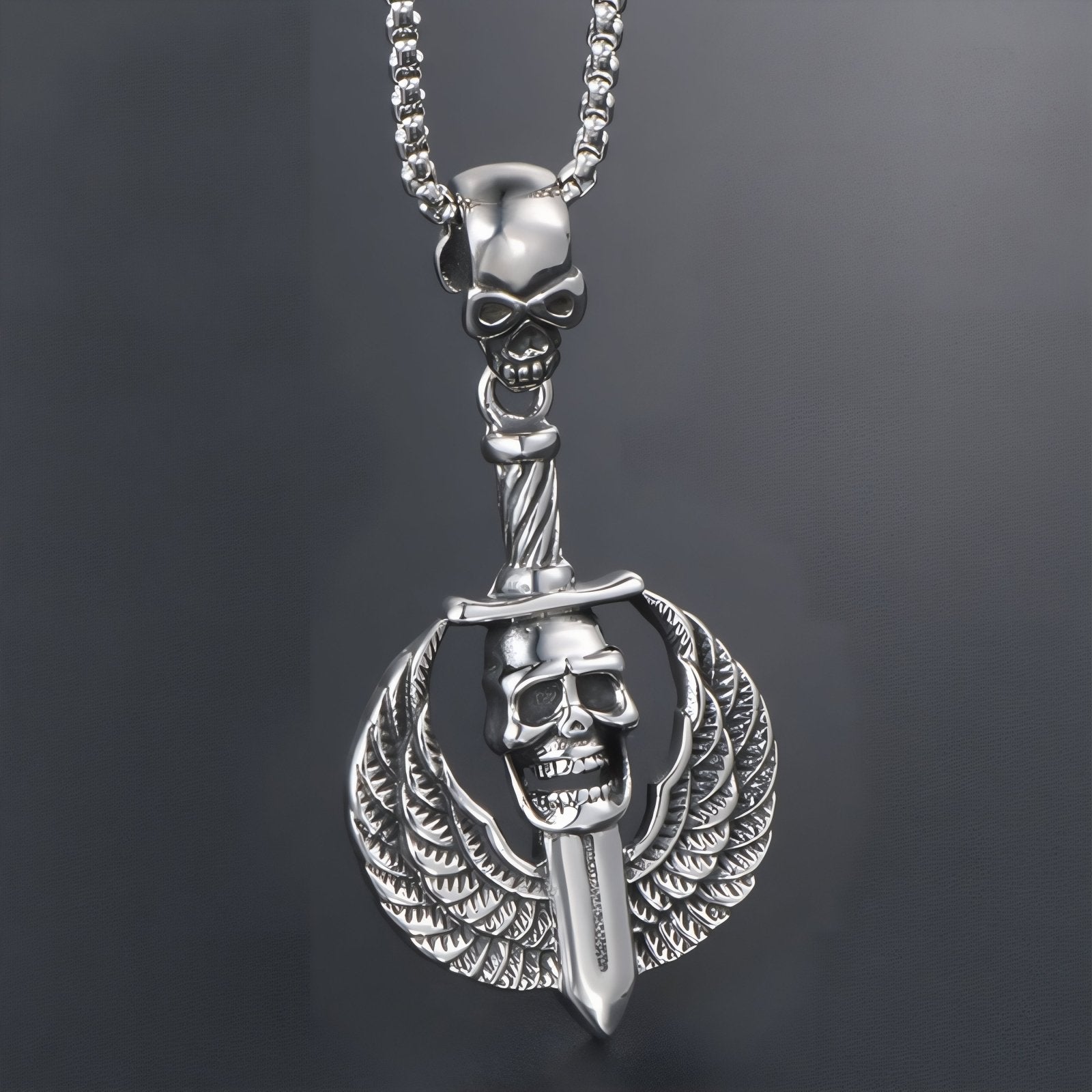 Collier pendentif dague avec ailes et tête de mort pour homme, en acier inoxydable, style gothique