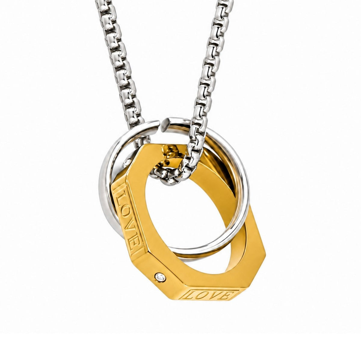 Collier pendentif double anneaux entrelacés pour homme, en acier inoxydable, gravé LOVE avec cristal scintillant