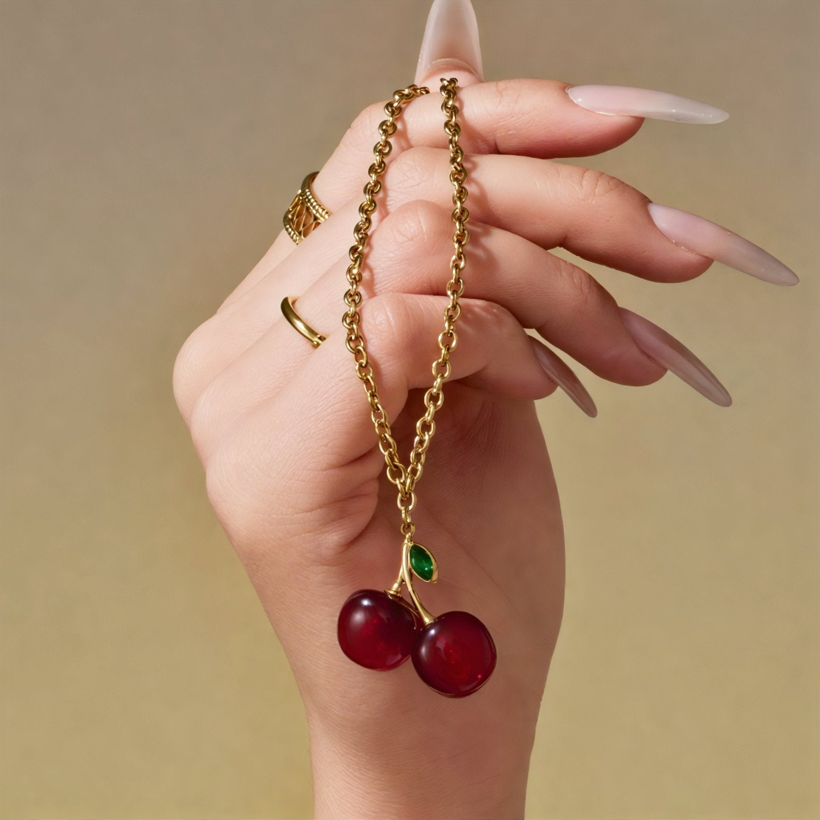 Collier pendentif double cerise pour femme, avec résine et zircon, en acier inoxydable