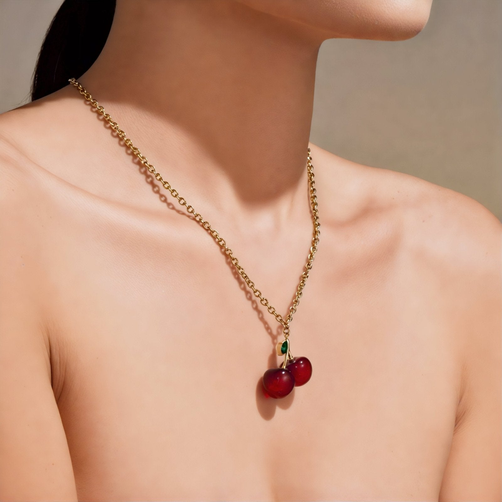 Collier pendentif double cerise pour femme, avec résine et zircon, en acier inoxydable