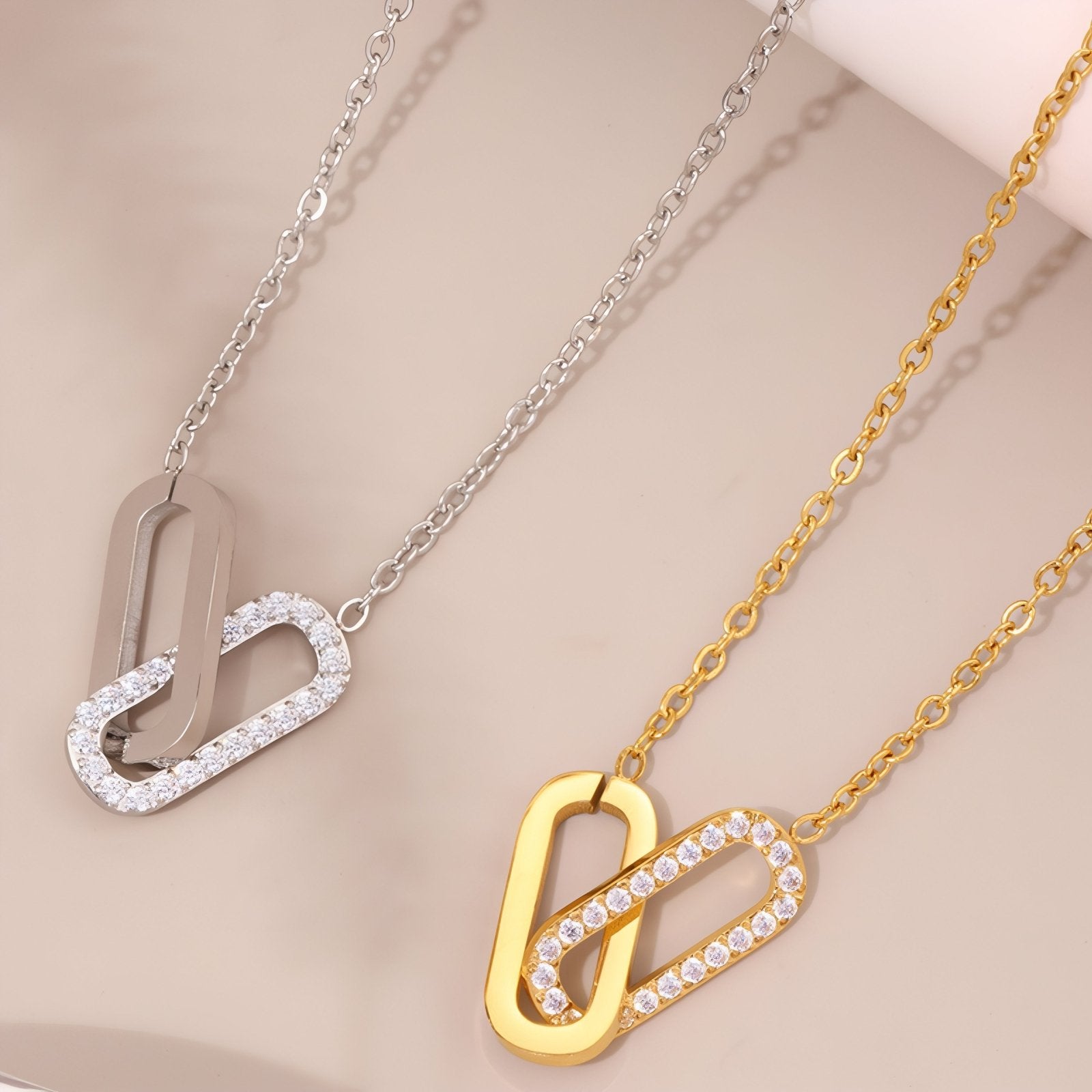 Collier pendentif double maillon pour femme, avec zircon, en acier inoxydable