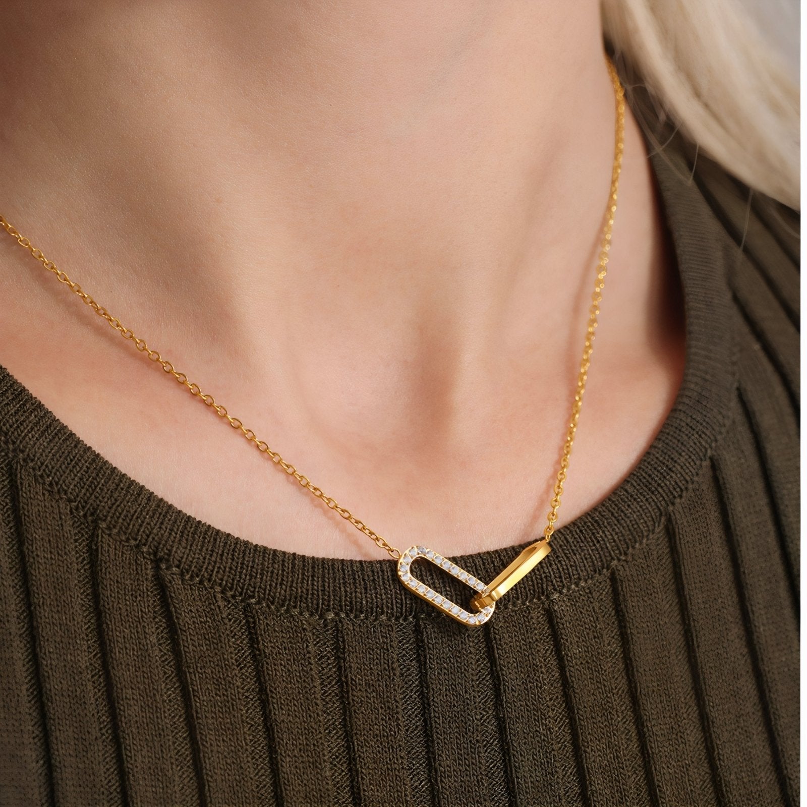 Collier pendentif double maillon pour femme, avec zircon, en acier inoxydable