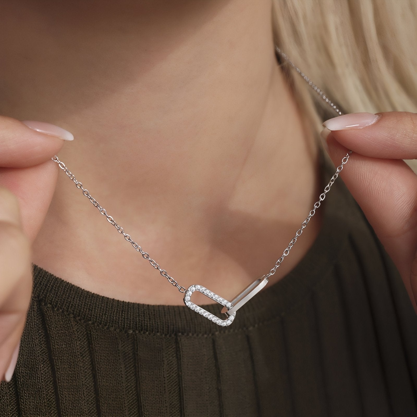 Collier pendentif double maillon pour femme, avec zircon, en acier inoxydable