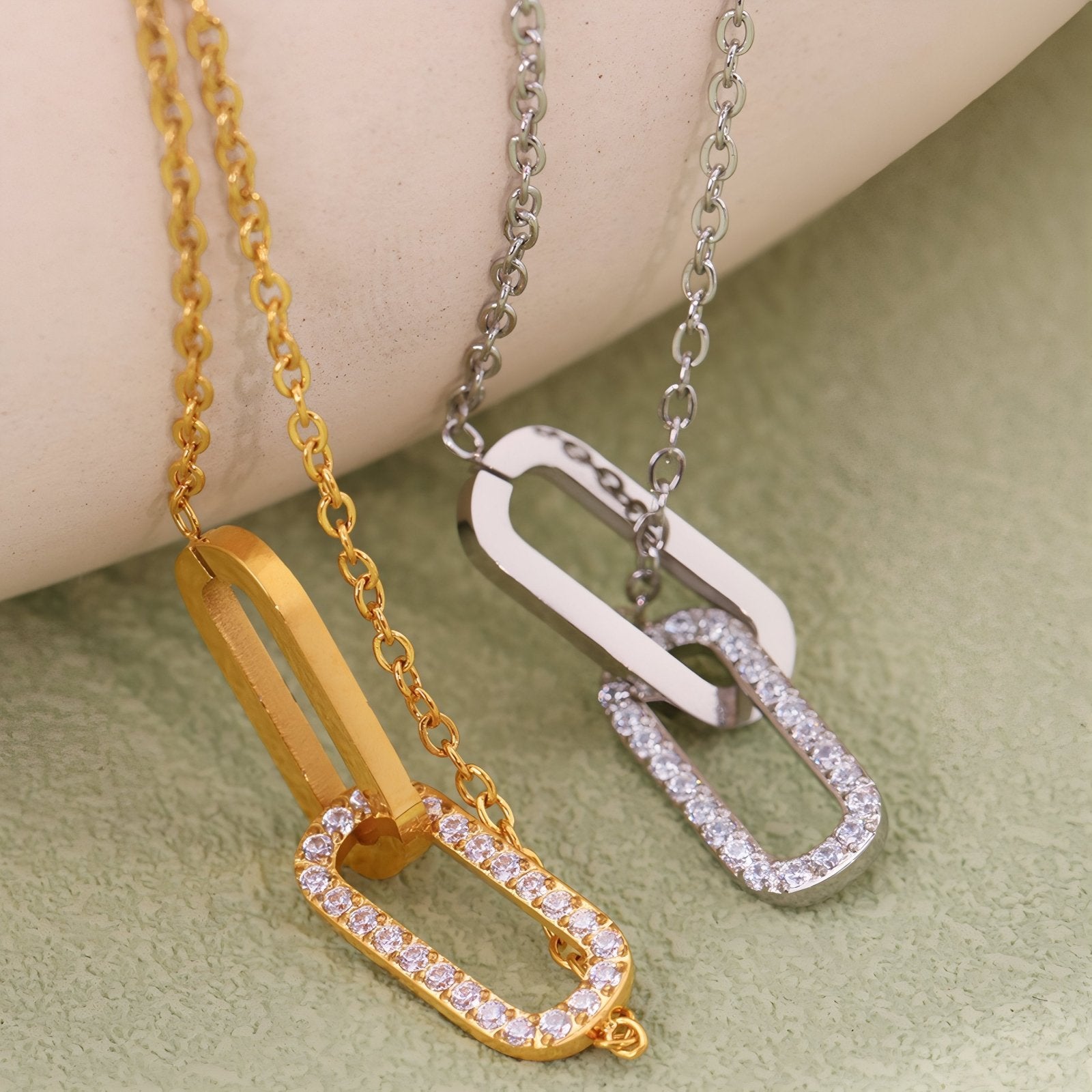 Collier pendentif double maillon pour femme, avec zircon, en acier inoxydable