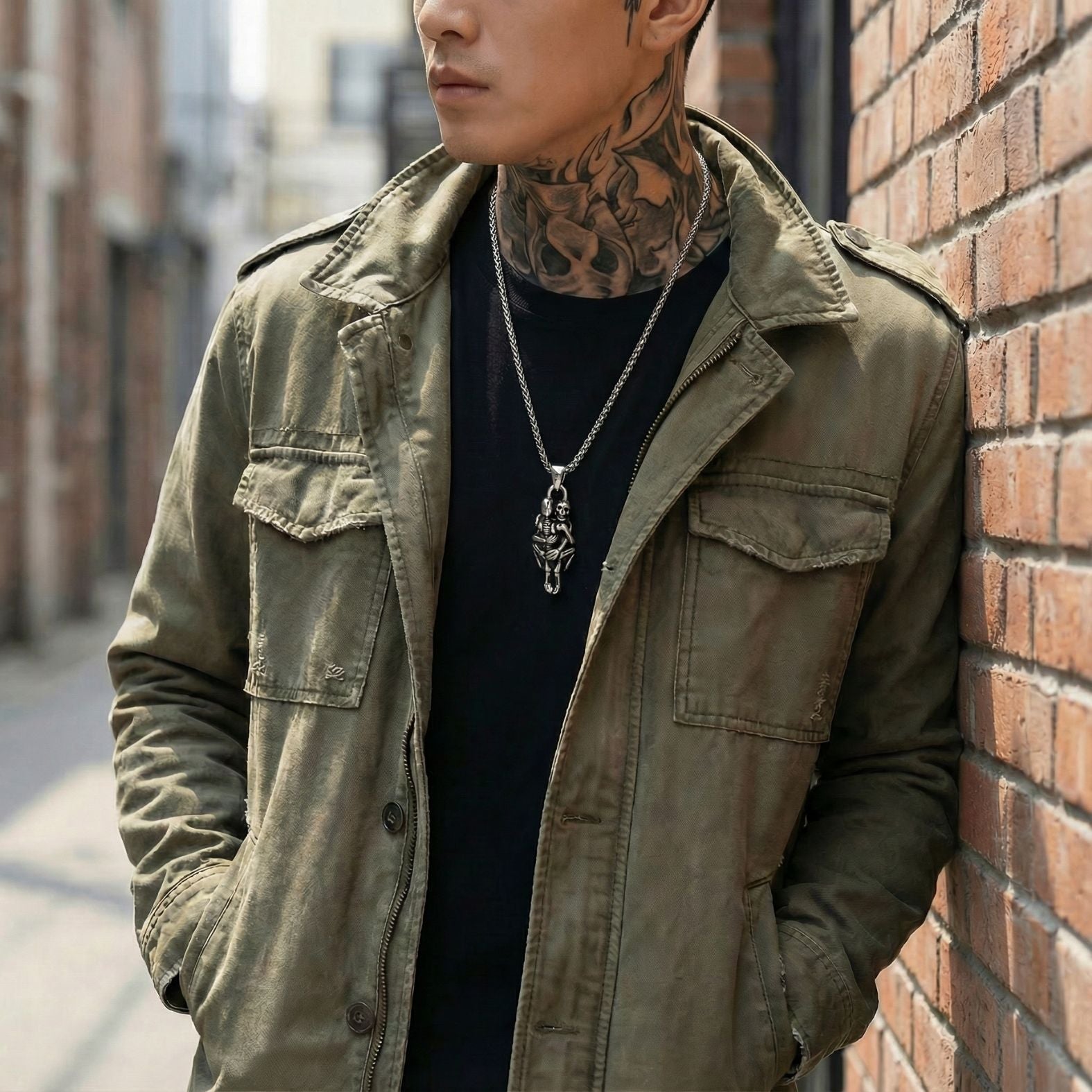 Collier pendentif double squelette enlacé pour homme, en acier inoxydable, style rock gothique