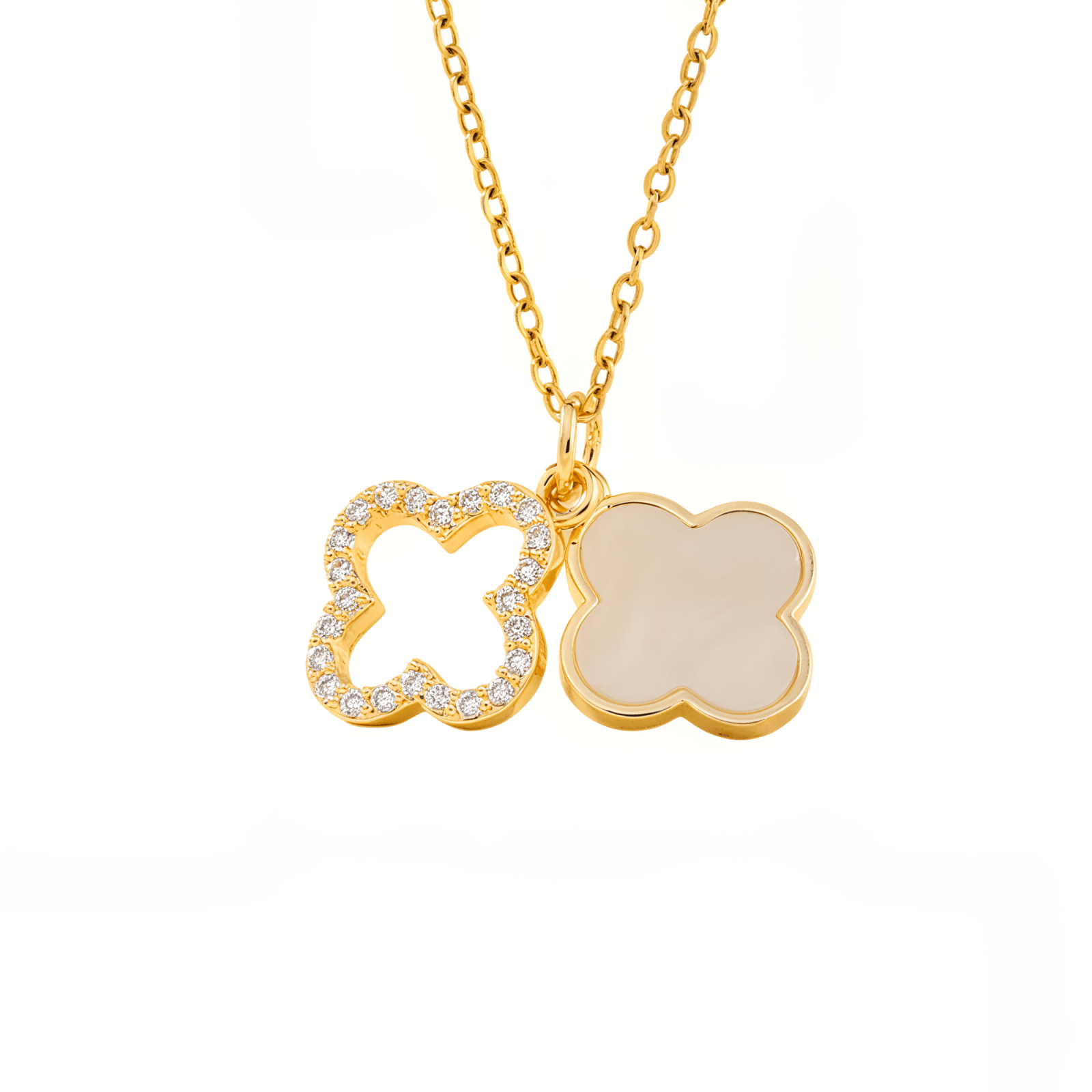Collier pendentif double trèfles, acier inoxydable doré, blanc ou noir, modèle Kamila