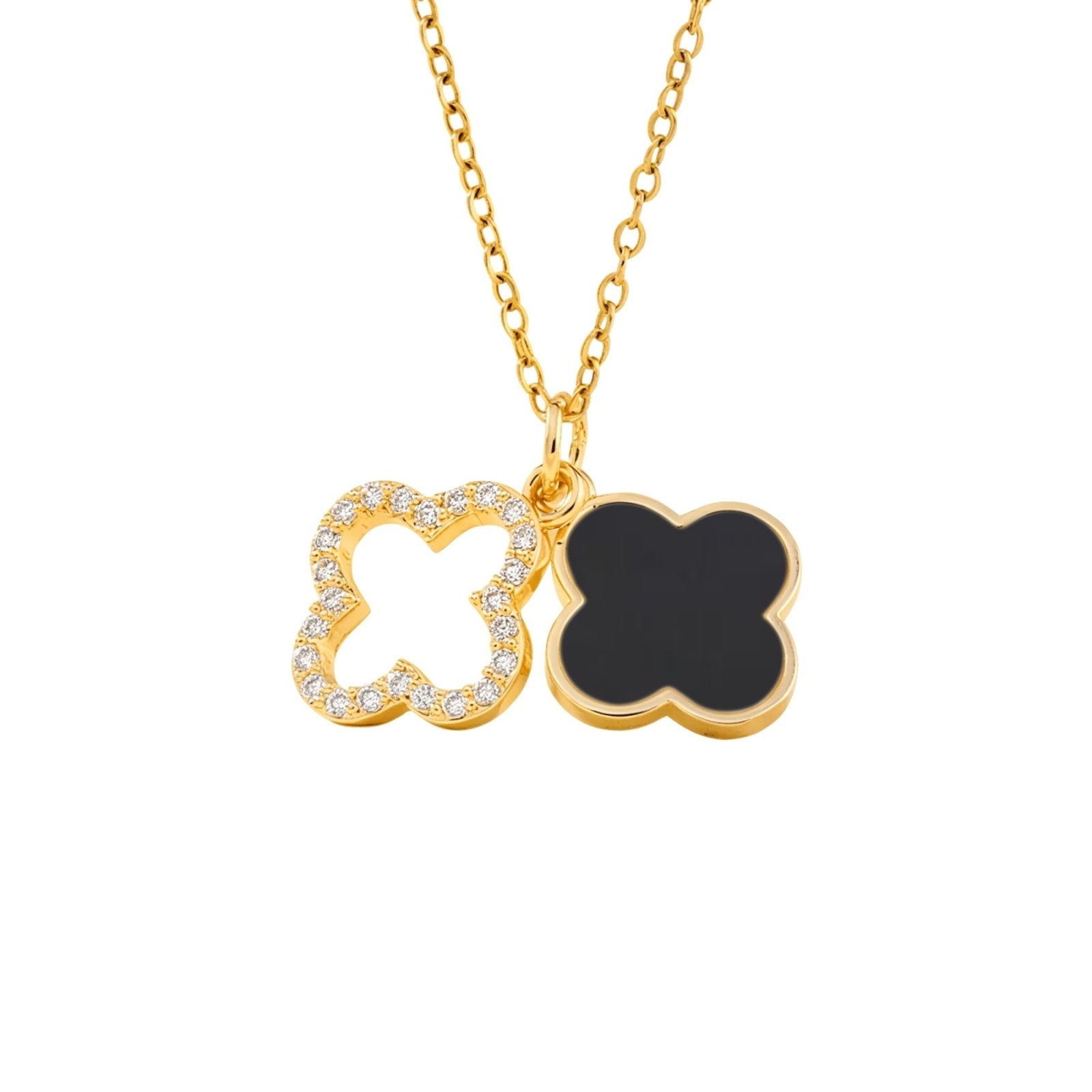 Collier pendentif double trèfles, acier inoxydable doré, blanc ou noir, modèle Kamila