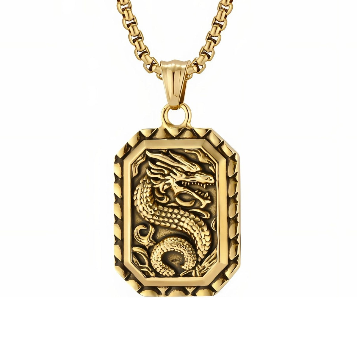 Collier pendentif dragon chinois pour homme, en acier inoxydable, médaillon rectangulaire avec dragon oriental sculpté en relief