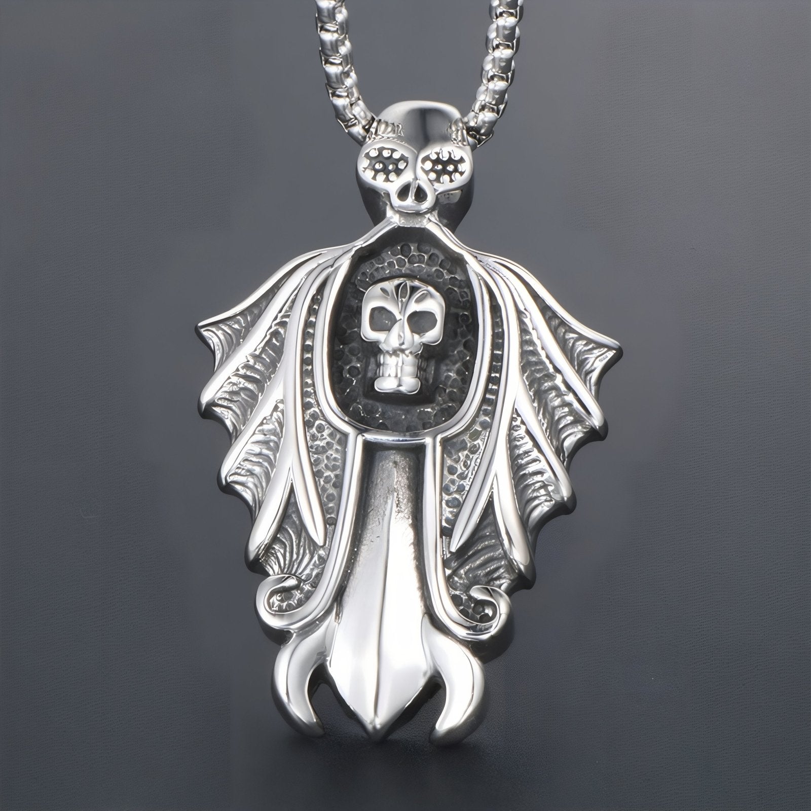 Collier pendentif épée avec ailes et tête de mort pour homme, en acier inoxydable