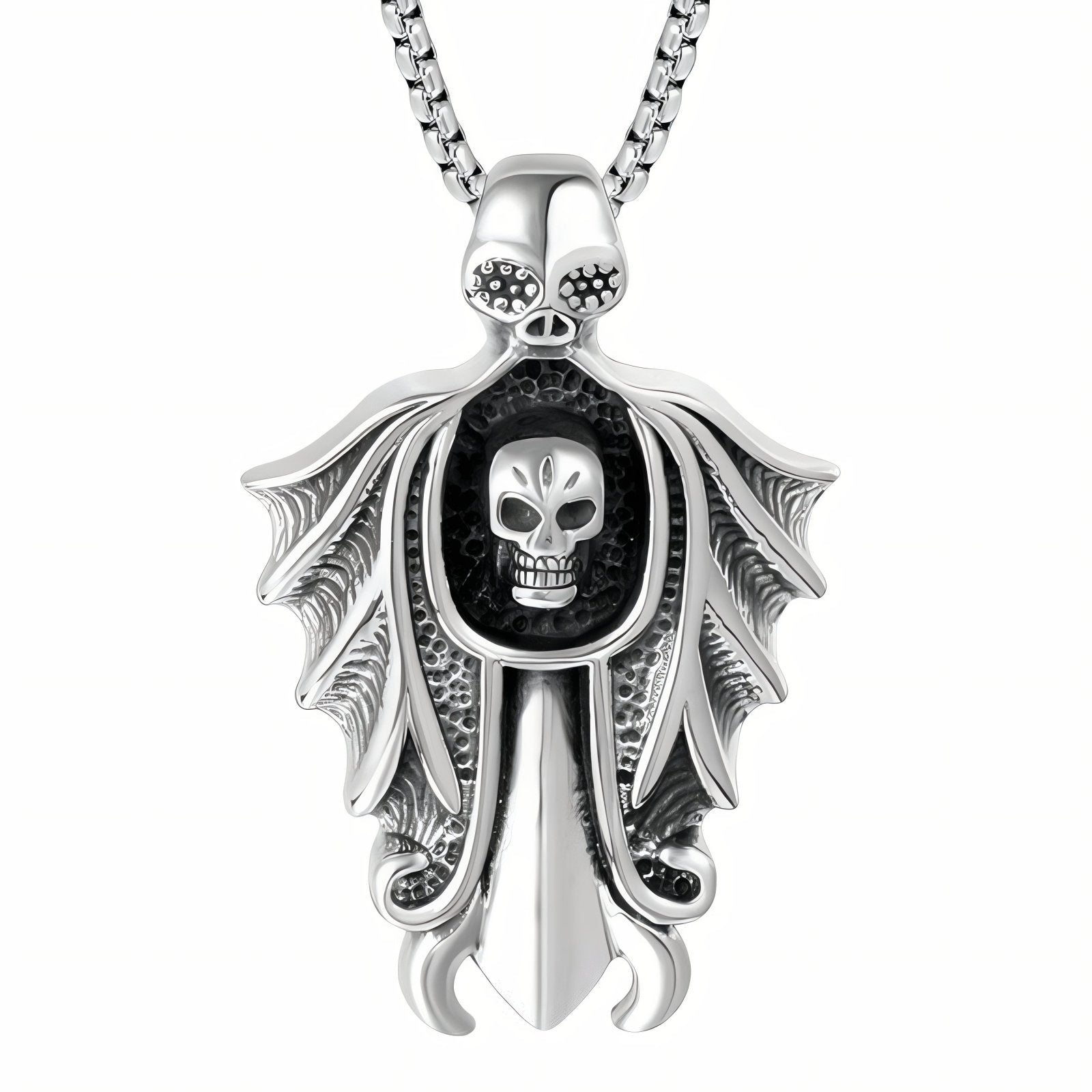 Collier pendentif épée avec ailes et tête de mort pour homme, en acier inoxydable