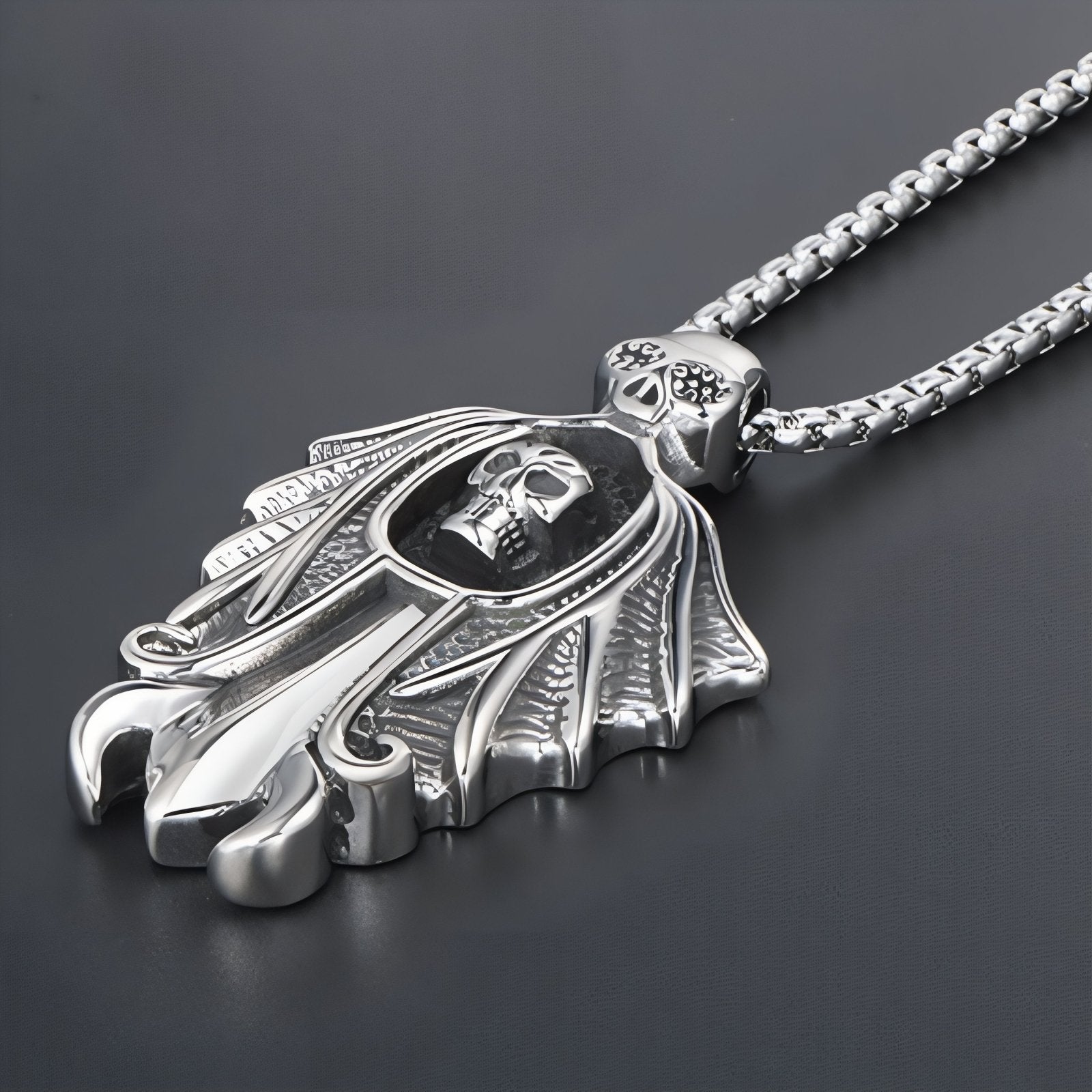 Collier pendentif épée avec ailes et tête de mort pour homme, en acier inoxydable