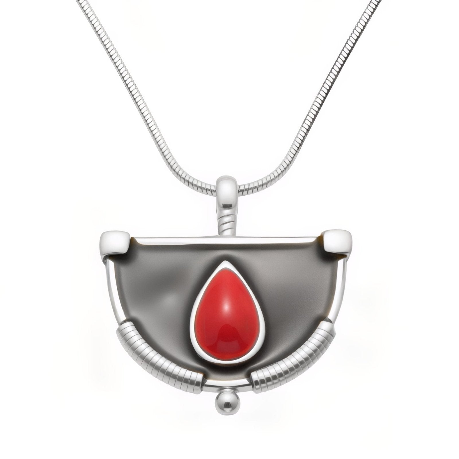 Collier pendentif éventail avec pierre rouge, design géométrique et chaîne serpent, en acier inoxydable