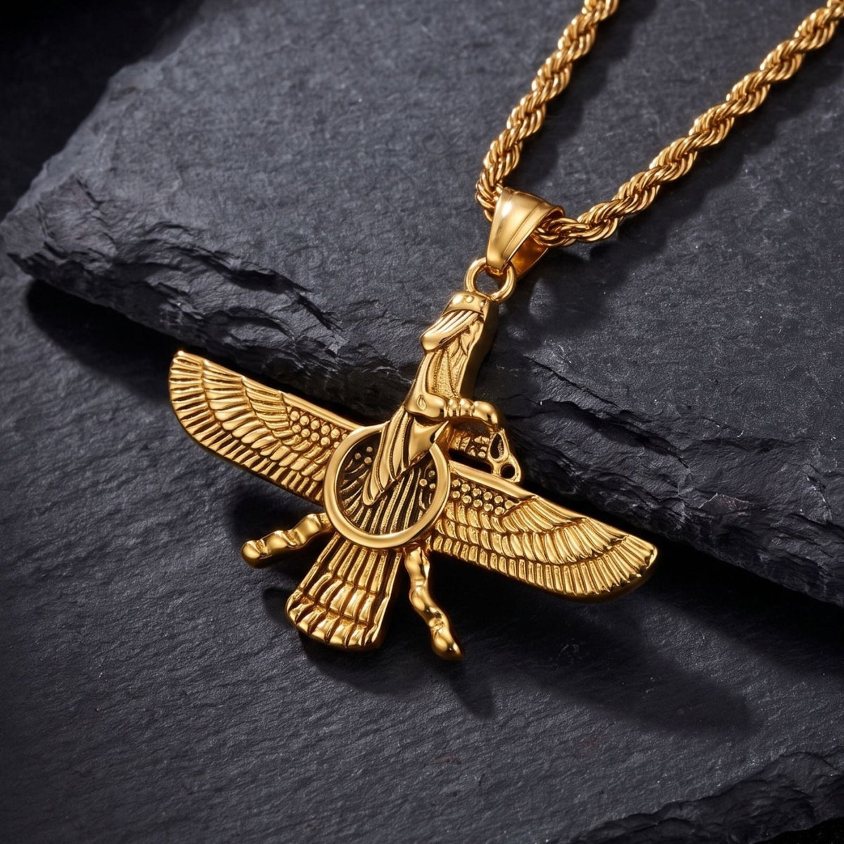 Collier pendentif Faravahar pour homme, en acier inoxydable, symbole ailé inspiré de l’art perse