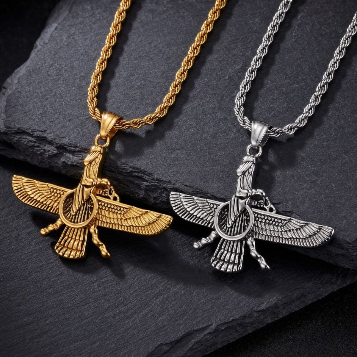Collier pendentif Faravahar pour homme, en acier inoxydable, symbole ailé inspiré de l’art perse