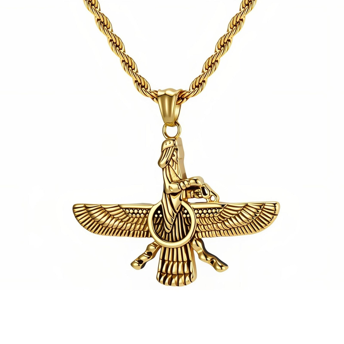 Collier pendentif Faravahar pour homme, en acier inoxydable, symbole ailé inspiré de l’art perse