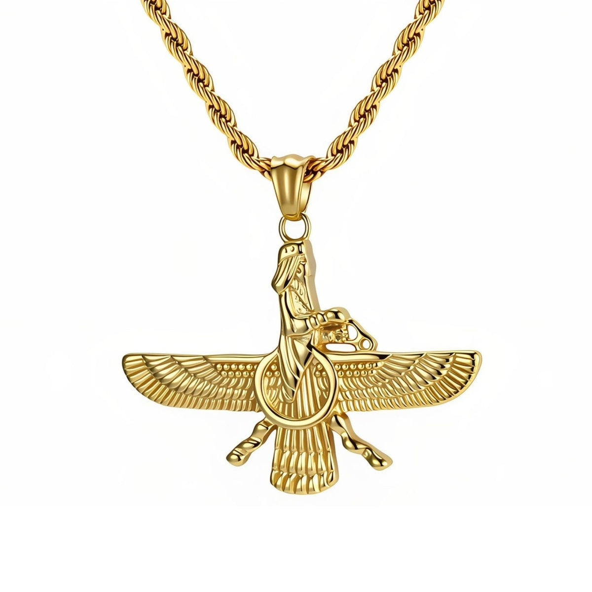 Collier pendentif Faravahar pour homme, en acier inoxydable, symbole ailé inspiré de l’art perse