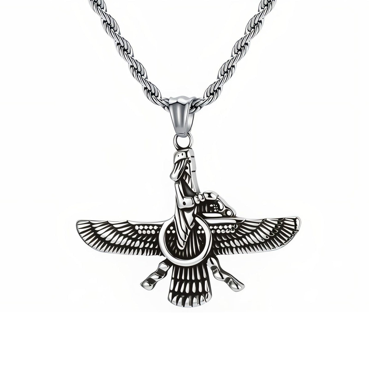 Collier pendentif Faravahar pour homme, en acier inoxydable, symbole ailé inspiré de l’art perse