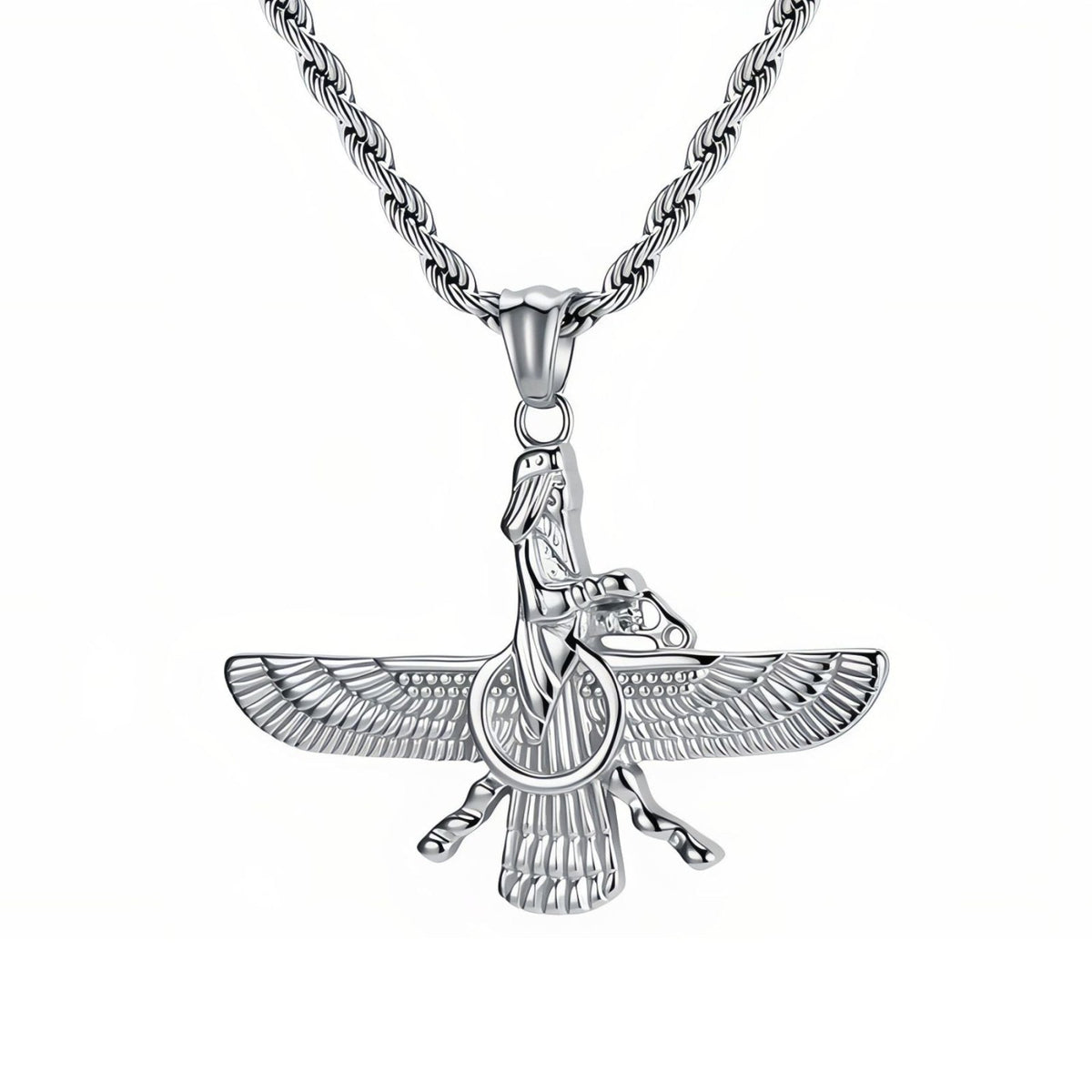Collier pendentif Faravahar pour homme, en acier inoxydable, symbole ailé inspiré de l’art perse