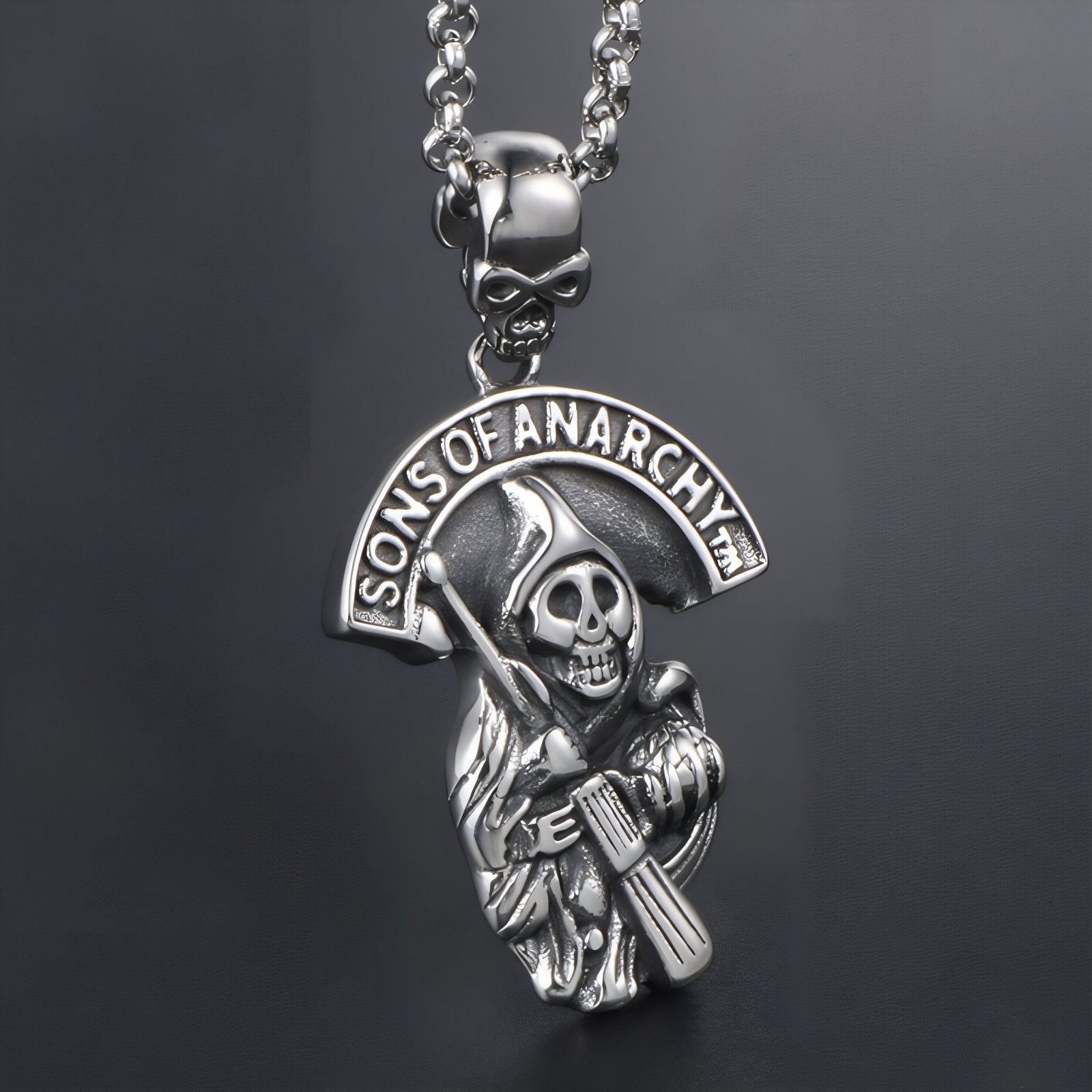Collier pendentif faucheuse tête de mort pour homme, gravé Sons of Anarchy, en acier inoxydable