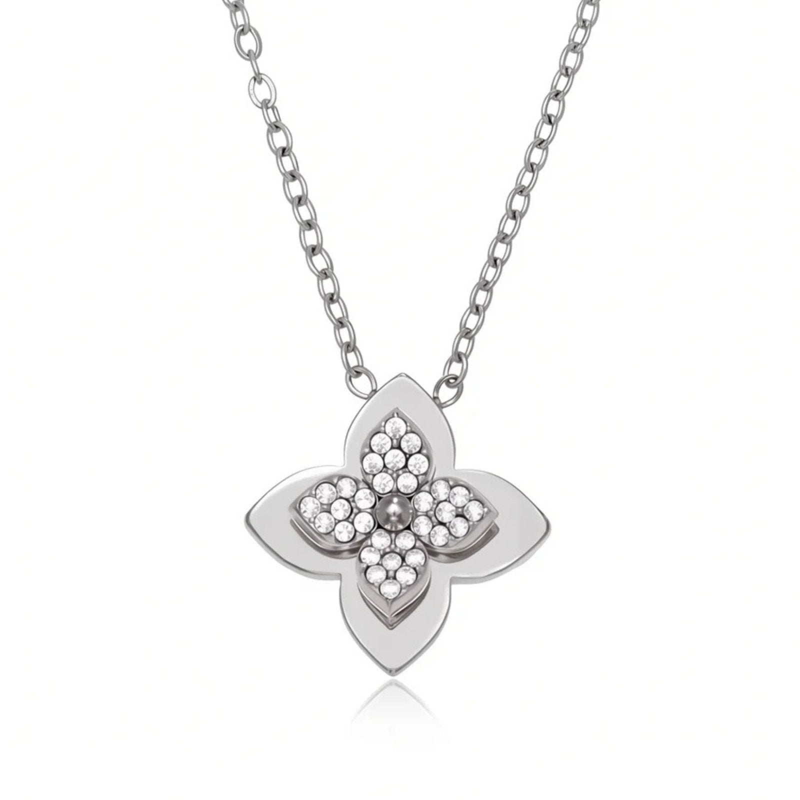 Collier pendentif fleur pour femme, avec zircon brillant, en en acier inoxydable