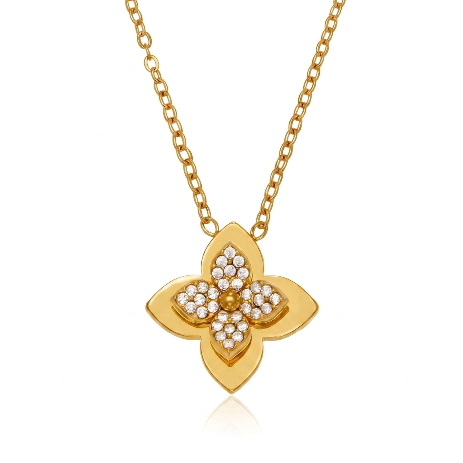 Collier pendentif fleur pour femme, avec zircon brillant, en en acier inoxydable